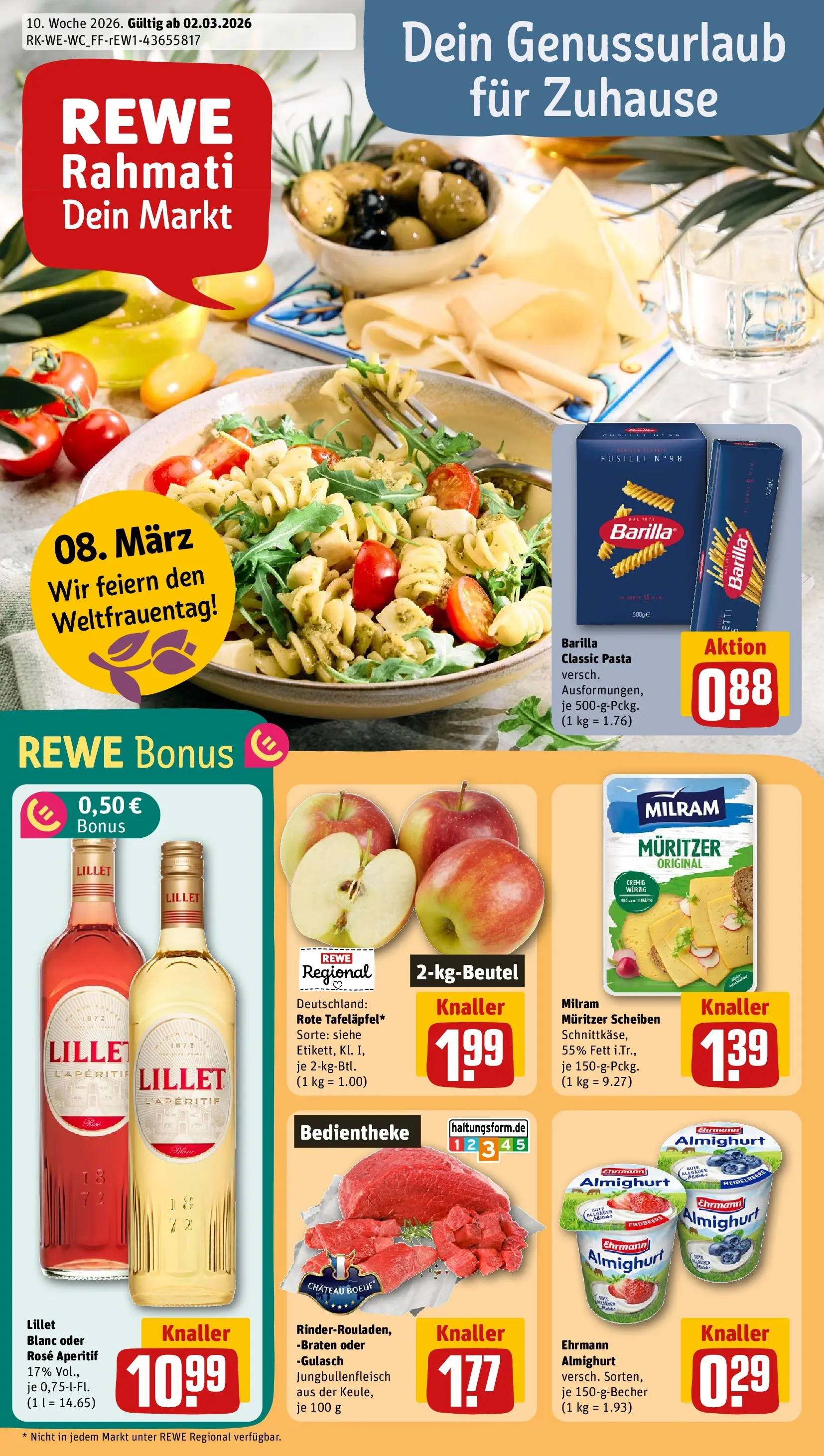 REWE Prospekt ab 02.03.2026 zum Blättern » Angebote | Seite: 1 | Produkte: Barilla, Lillet, Gulasch, Pasta