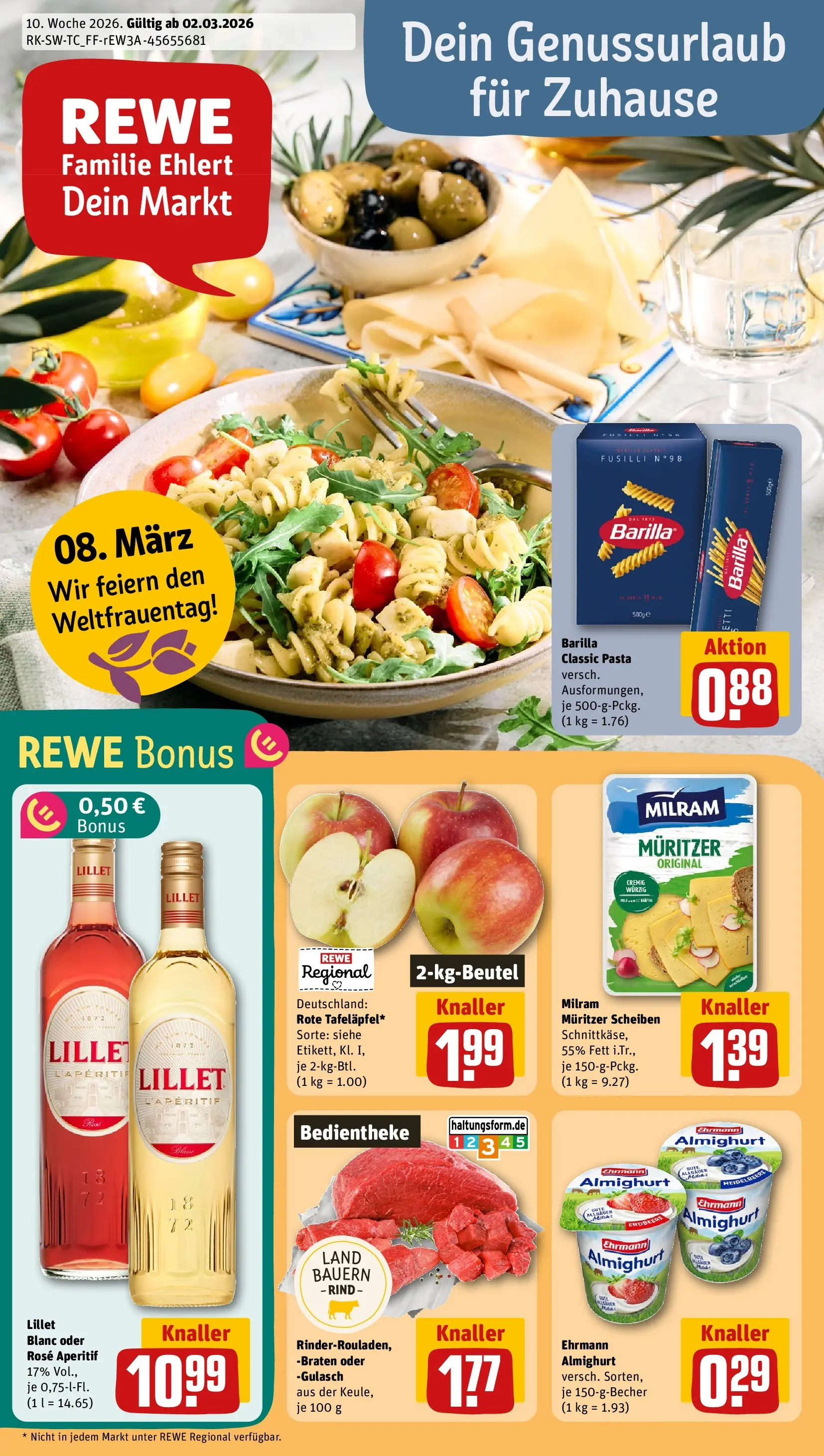 REWE Prospekt ab 02.03.2026 zum Blättern » Angebote | Seite: 1 | Produkte: Barilla, Lillet, Milram, Pasta