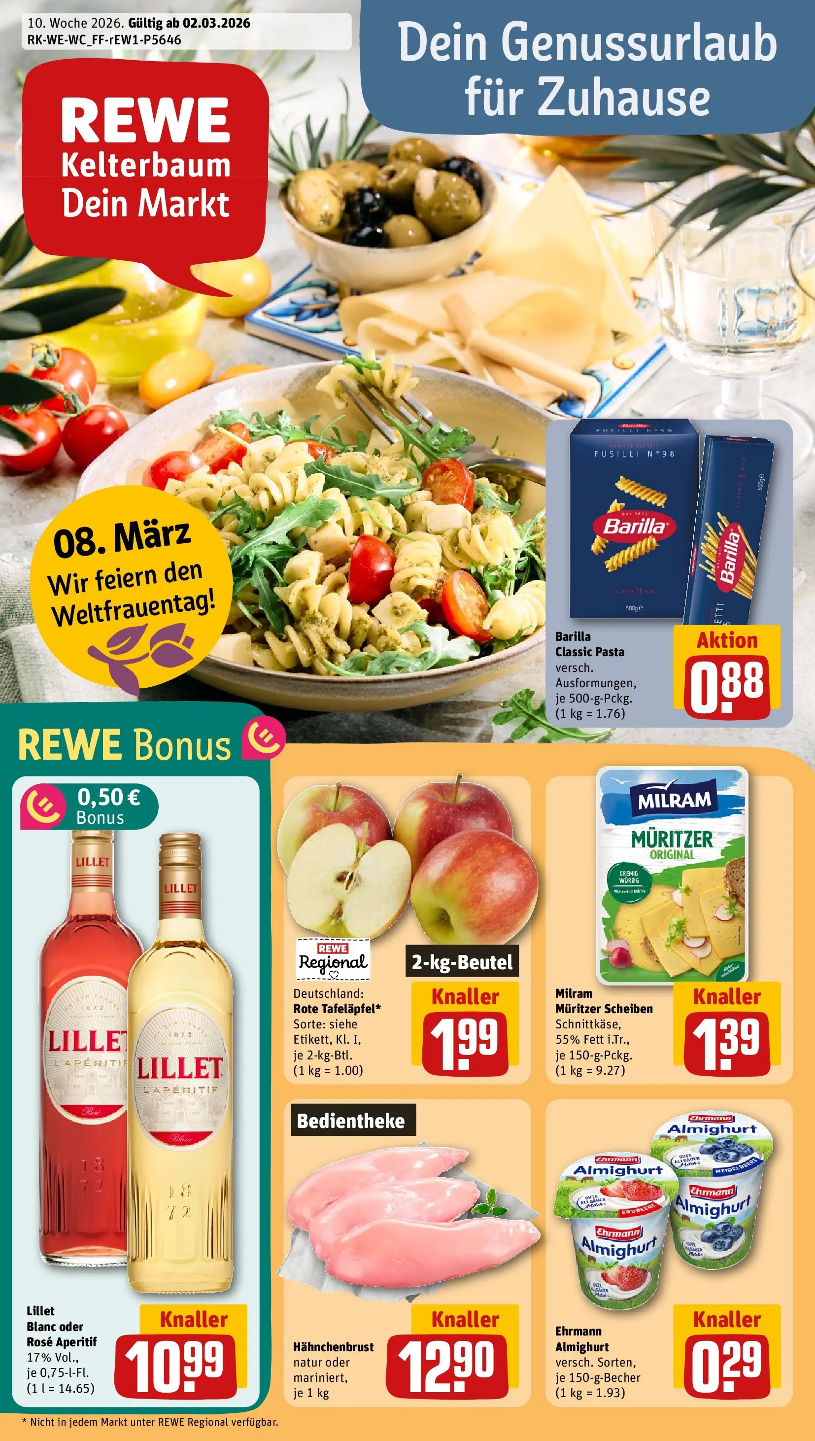 REWE Prospekt ab 02.03.2026 zum Blättern » Angebote | Seite: 1 | Produkte: Ehrmann almighurt, Barilla, Milram, Pasta