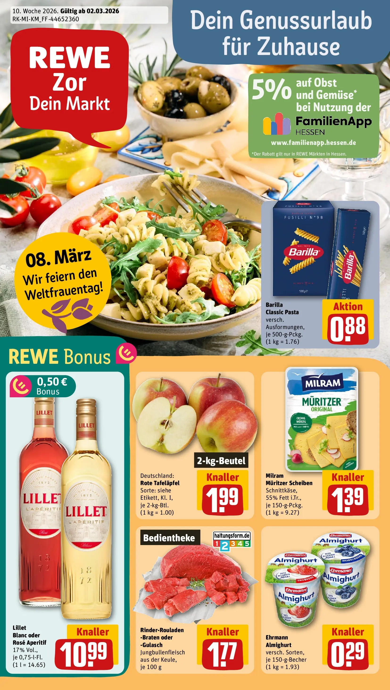 REWE Prospekt ab 02.03.2026 zum Blättern » Angebote | Seite: 1 | Produkte: Lillet, Obst, Milram, Gulasch