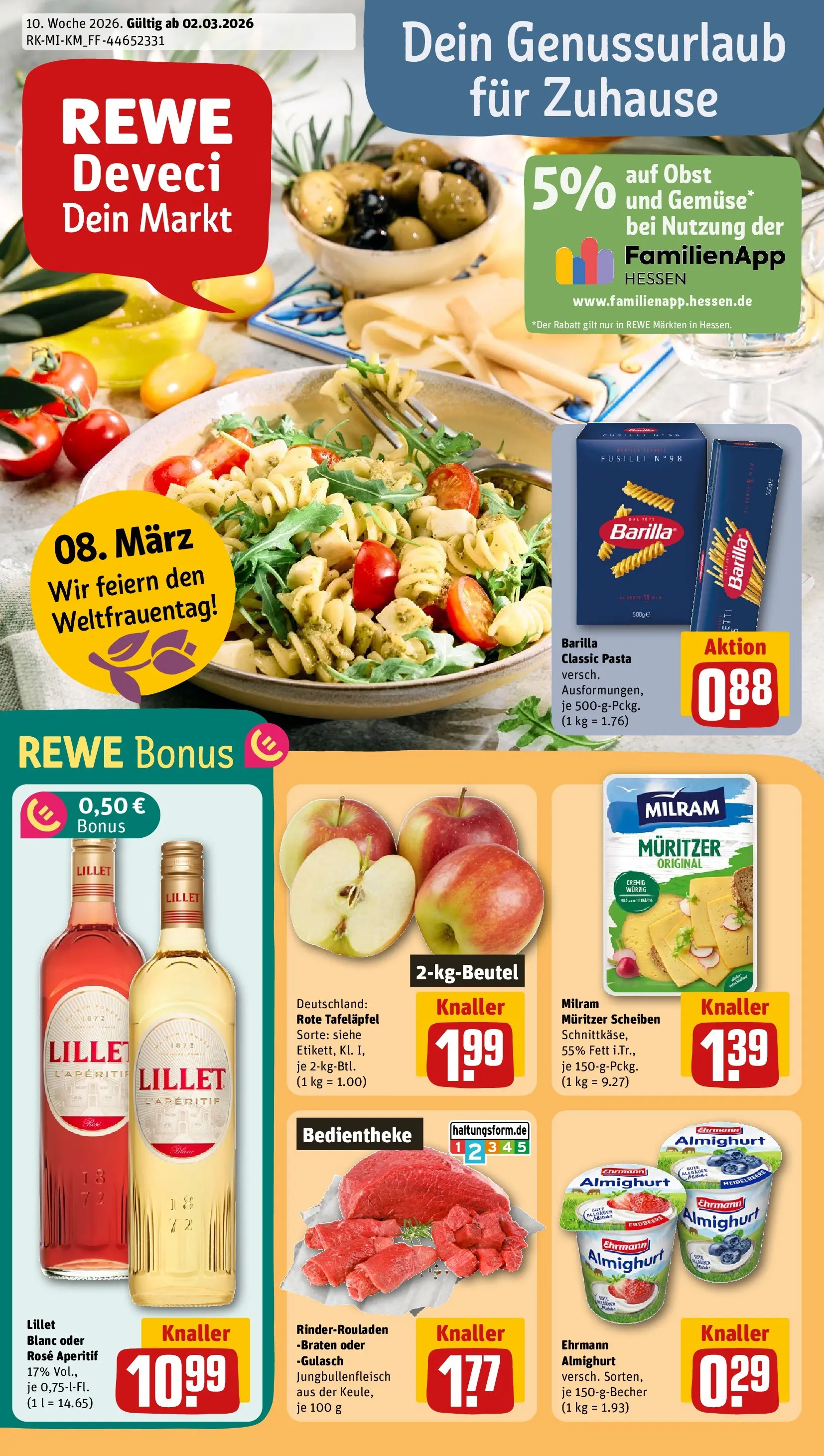 REWE Prospekt ab 02.03.2026 zum Blättern » Angebote | Seite: 1 | Produkte: Rinderrouladen, Ehrmann almighurt, Obst, Gulasch