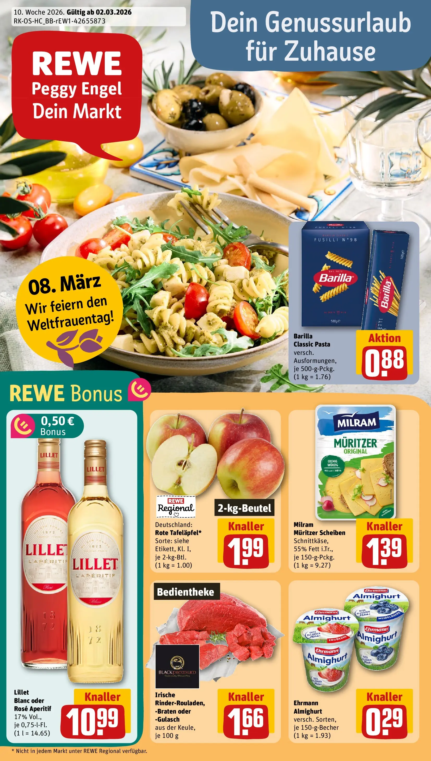 REWE Prospekt ab 02.03.2026 zum Blättern » Angebote | Seite: 1 | Produkte: Ehrmann almighurt, Barilla, Gulasch, Pasta