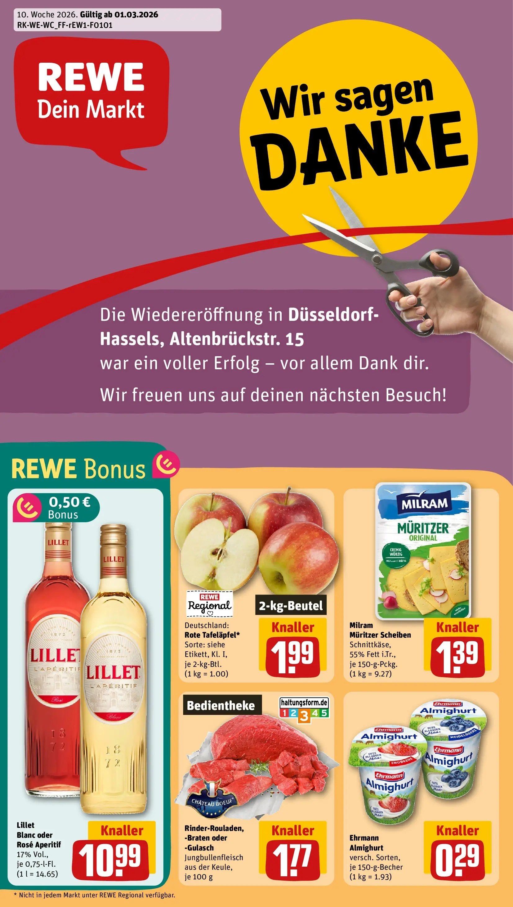 REWE Prospekt ab 02.03.2026 zum Blättern » Angebote | Seite: 1 | Produkte: Ehrmann almighurt, Lillet, Milram, Gulasch