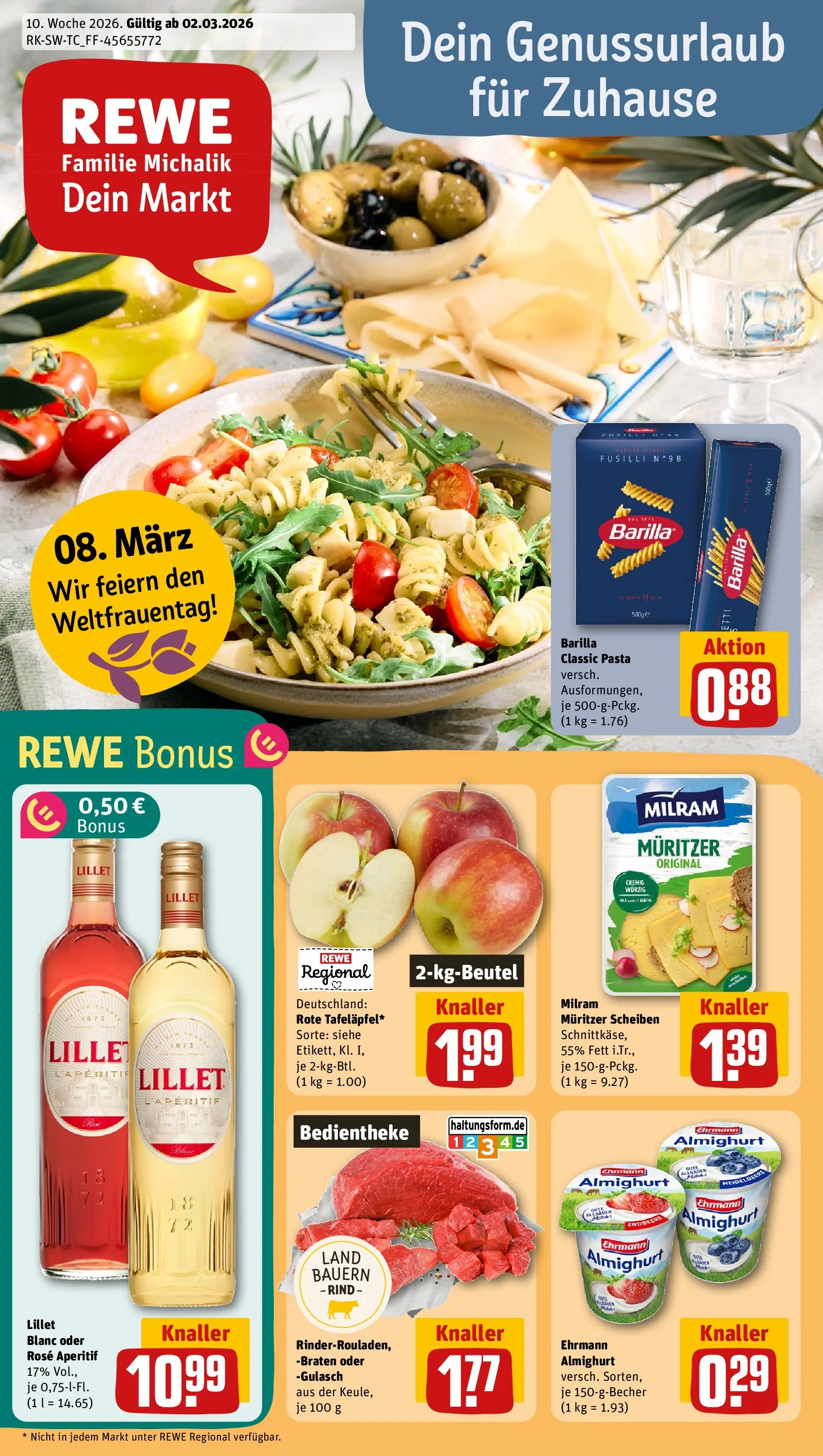 REWE Prospekt ab 02.03.2026 zum Blättern » Angebote | Seite: 1 | Produkte: Barilla, Lillet, Milram, Gulasch