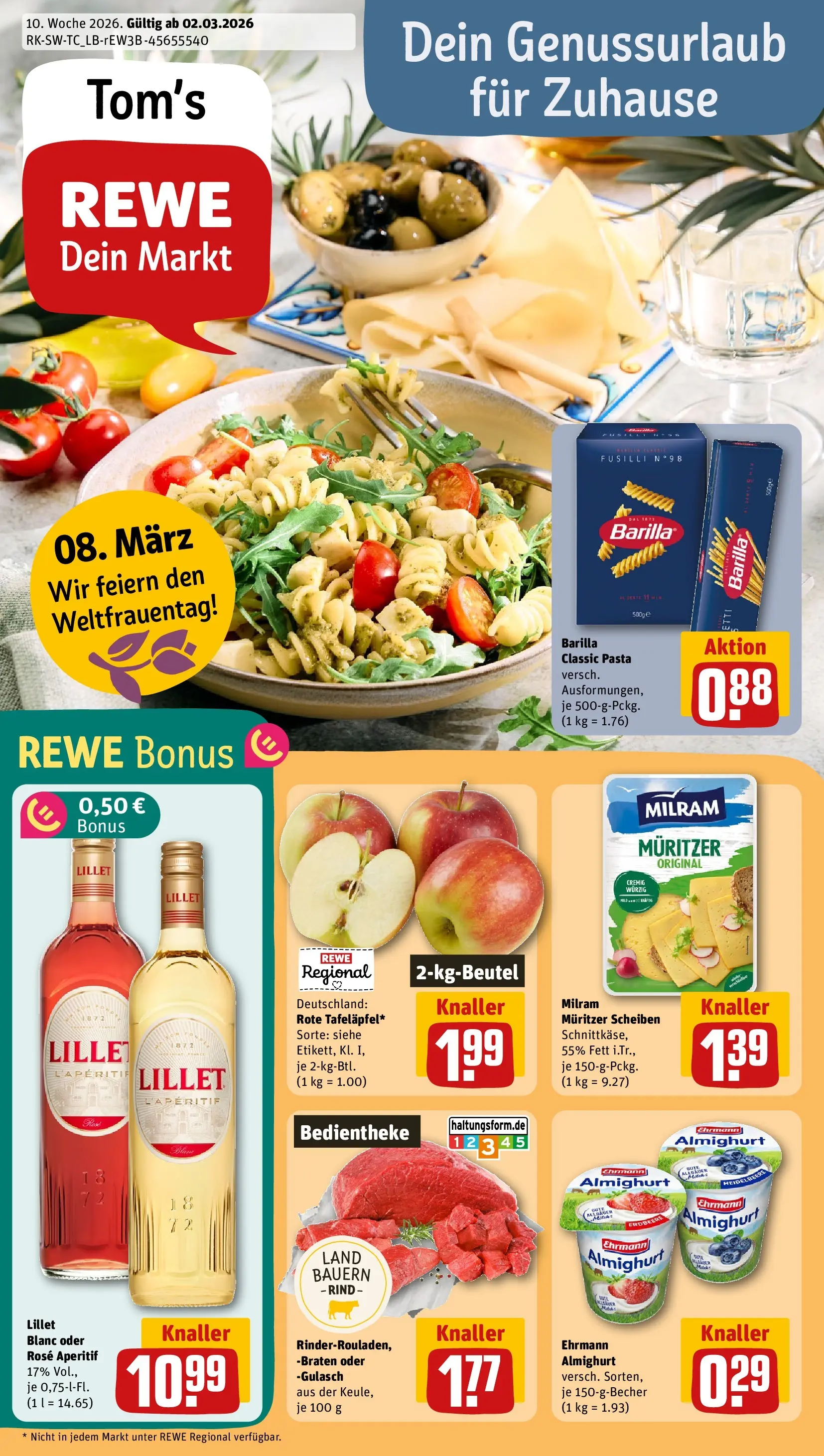 REWE Prospekt ab 02.03.2026 zum Blättern » Angebote | Seite: 1 | Produkte: Ehrmann almighurt, Barilla, Milram, Pasta