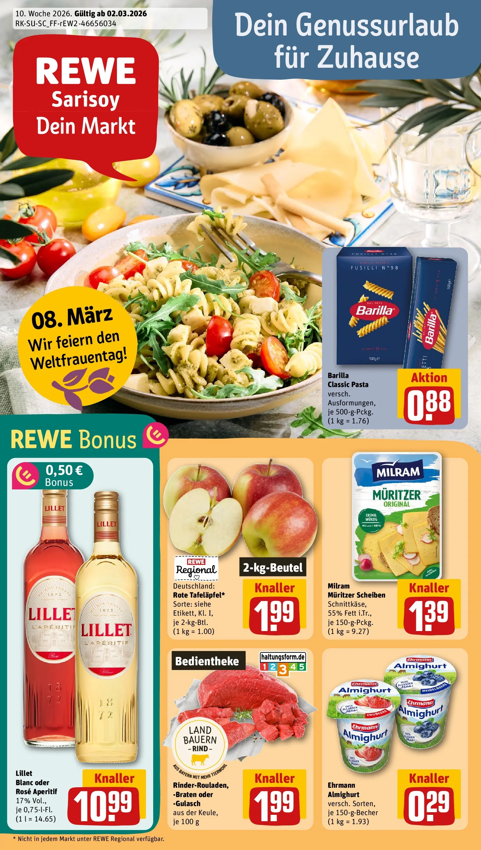 REWE Prospekt ab 02.03.2026 zum Blättern » Angebote | Seite: 1 | Produkte: Barilla, Milram, Gulasch, Pasta