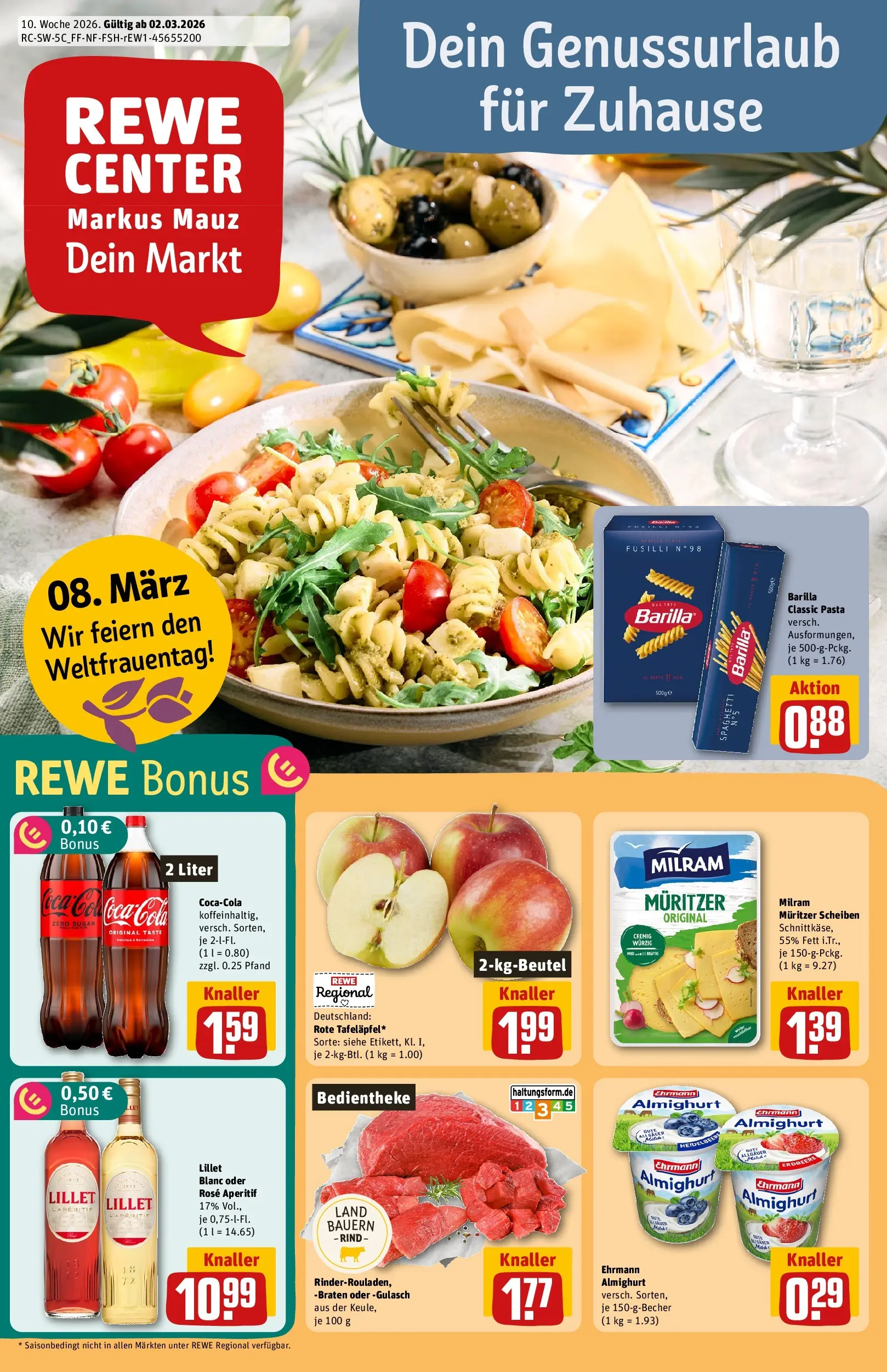 REWE Prospekt ab 02.03.2026 zum Blättern » Angebote | Seite: 1 | Produkte: Ehrmann almighurt, Cola, Milram, Pasta