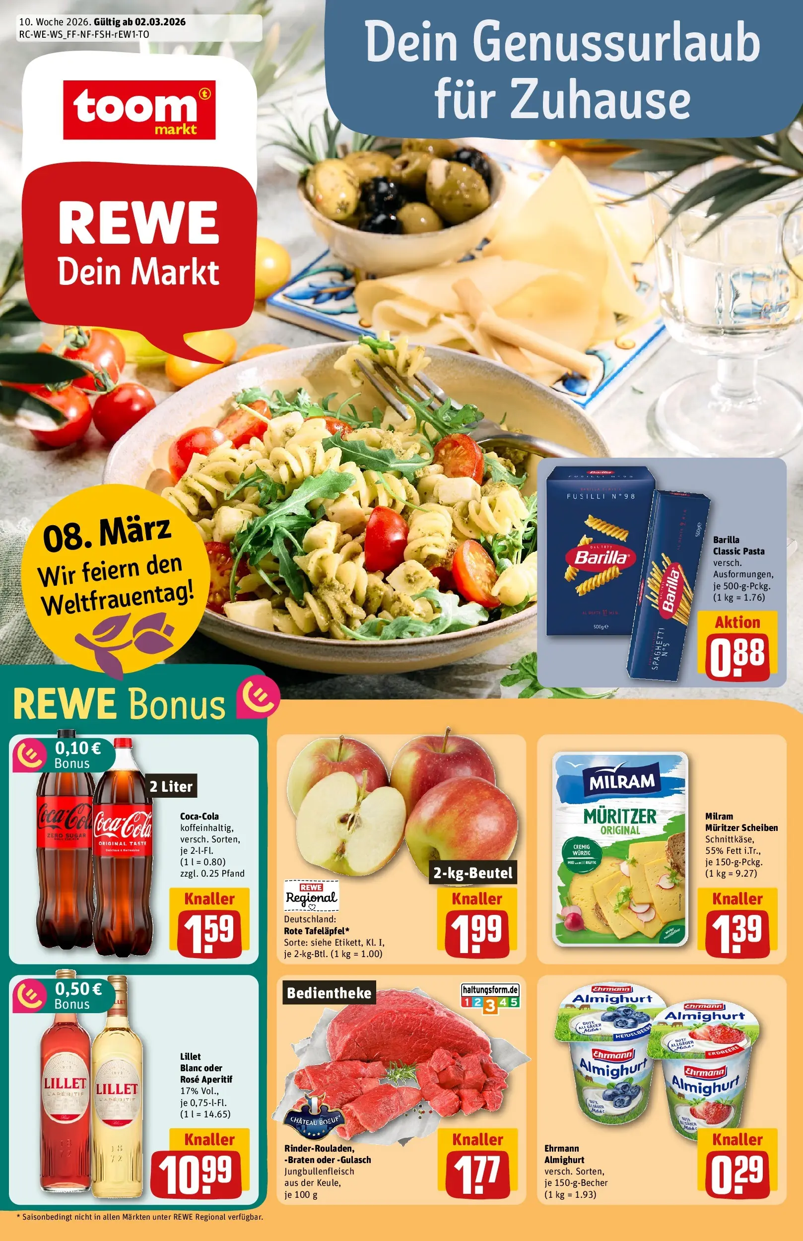 REWE Prospekt ab 02.03.2026 zum Blättern » Angebote | Seite: 1 | Produkte: Barilla, Lillet, Milram, Gulasch