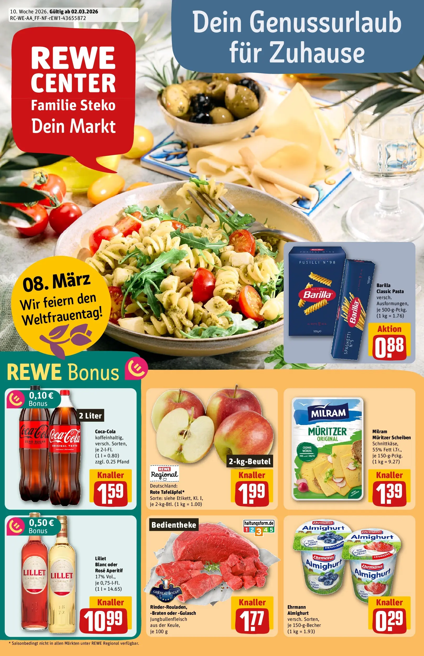 REWE Prospekt ab 02.03.2026 zum Blättern » Angebote | Seite: 1 | Produkte: Ehrmann almighurt, Cola, Gulasch, Pasta