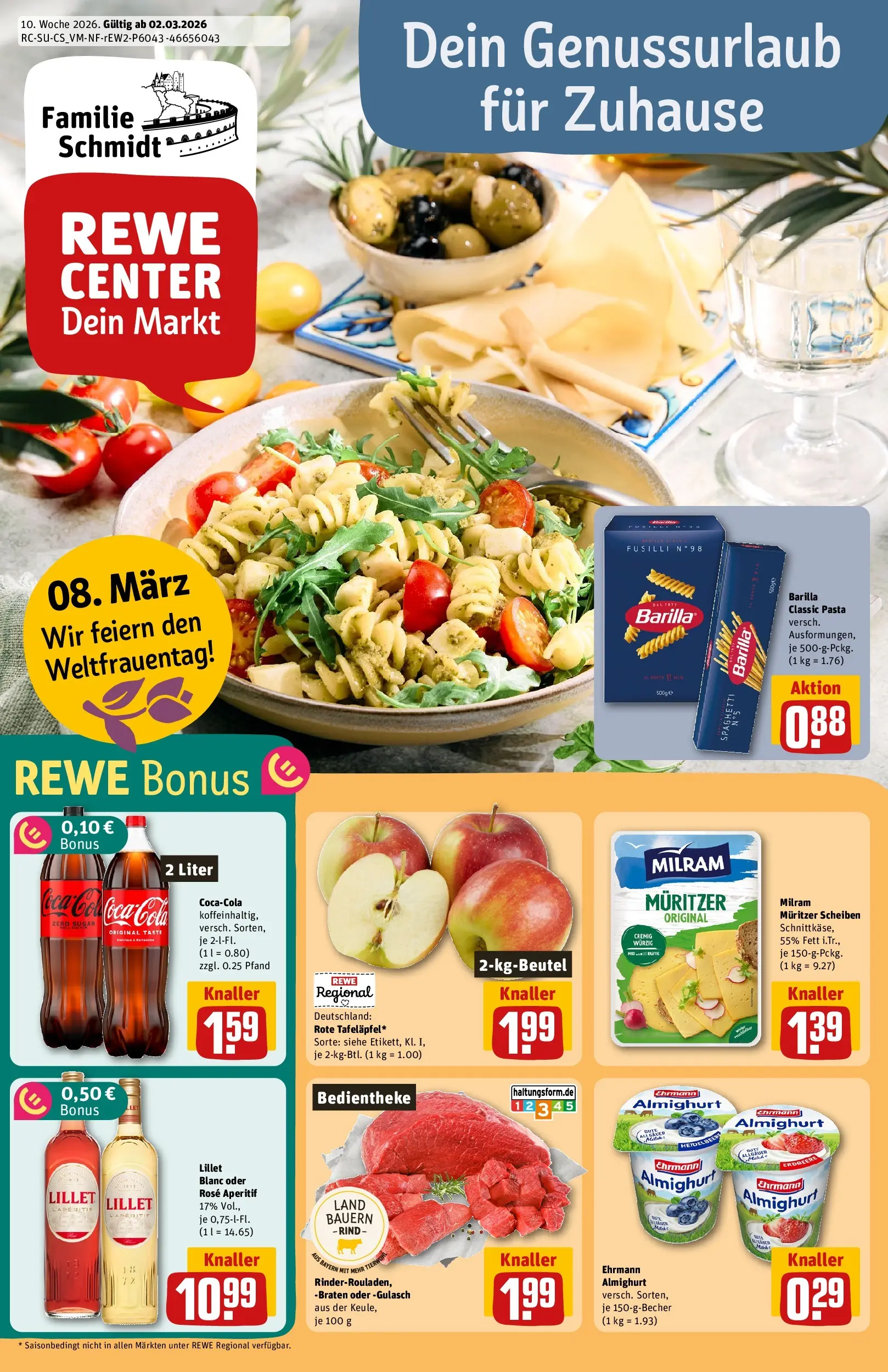REWE Prospekt ab 02.03.2026 zum Blättern » Angebote | Seite: 1 | Produkte: Ehrmann almighurt, Barilla, Lillet, Gulasch