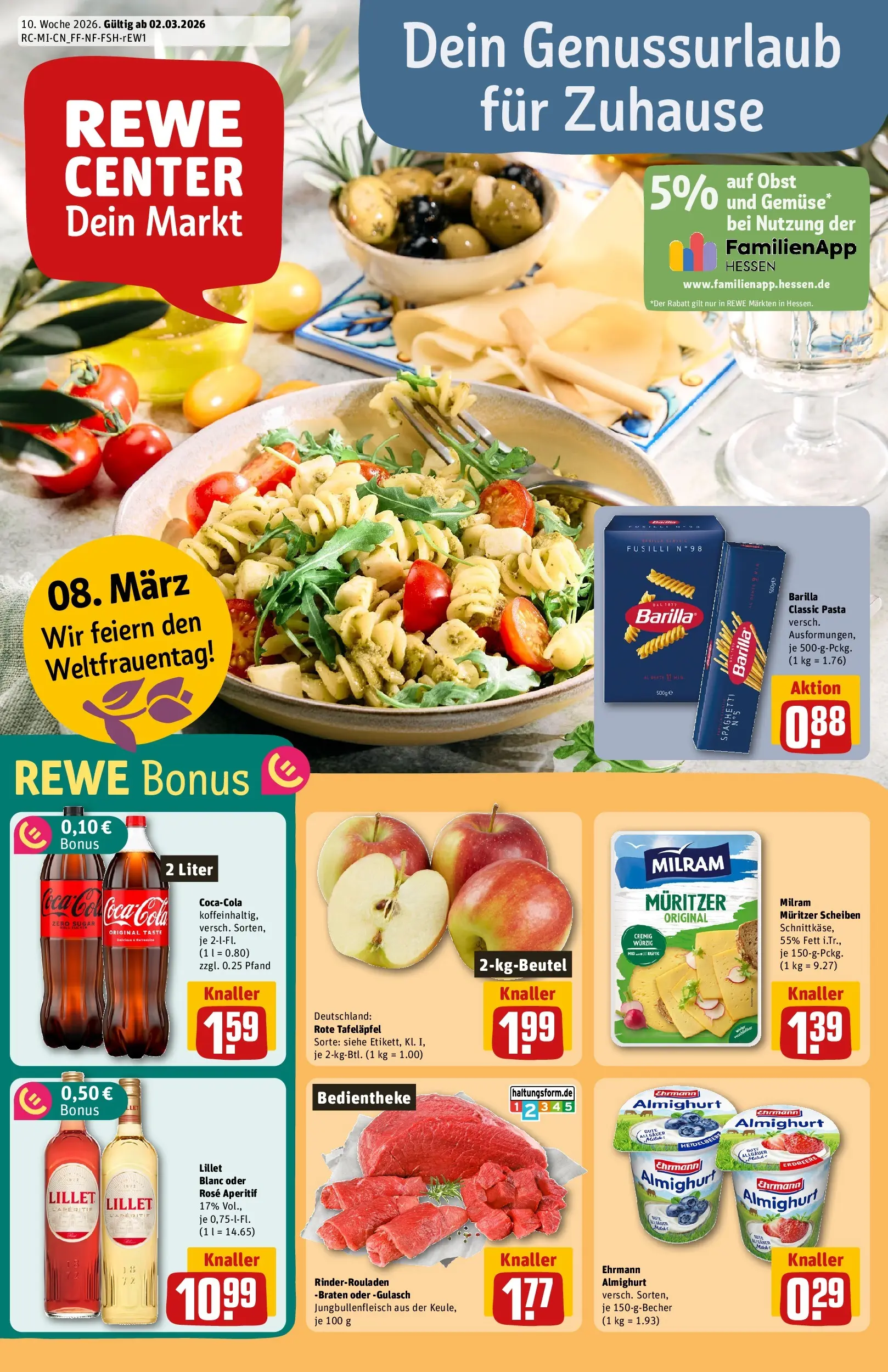 REWE Prospekt ab 02.03.2026 zum Blättern » Angebote | Seite: 1 | Produkte: Rinderrouladen, Ehrmann almighurt, Barilla, Pasta