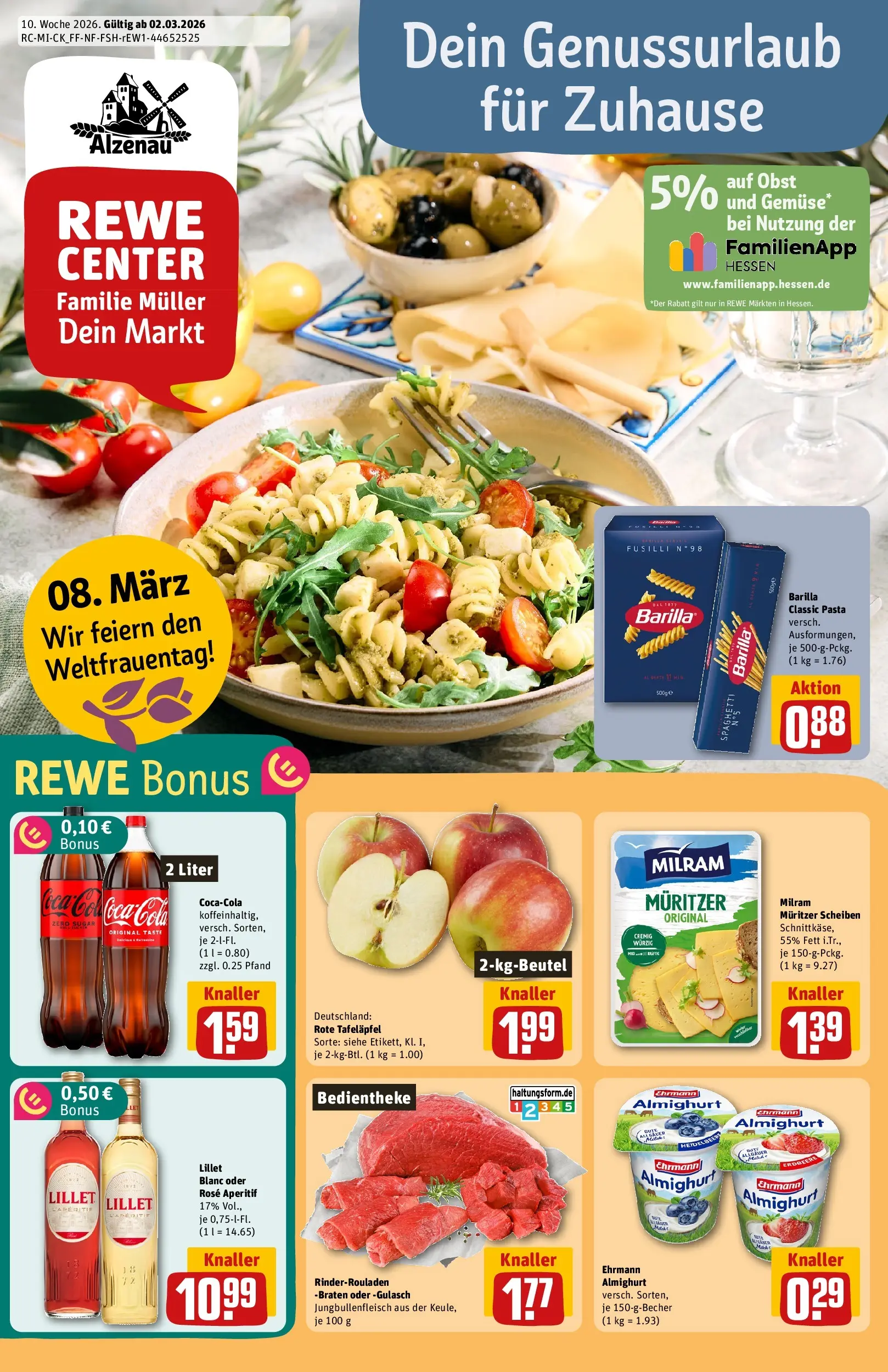 REWE Prospekt ab 02.03.2026 zum Blättern » Angebote | Seite: 1 | Produkte: Rinderrouladen, Lillet, Milram, Pasta