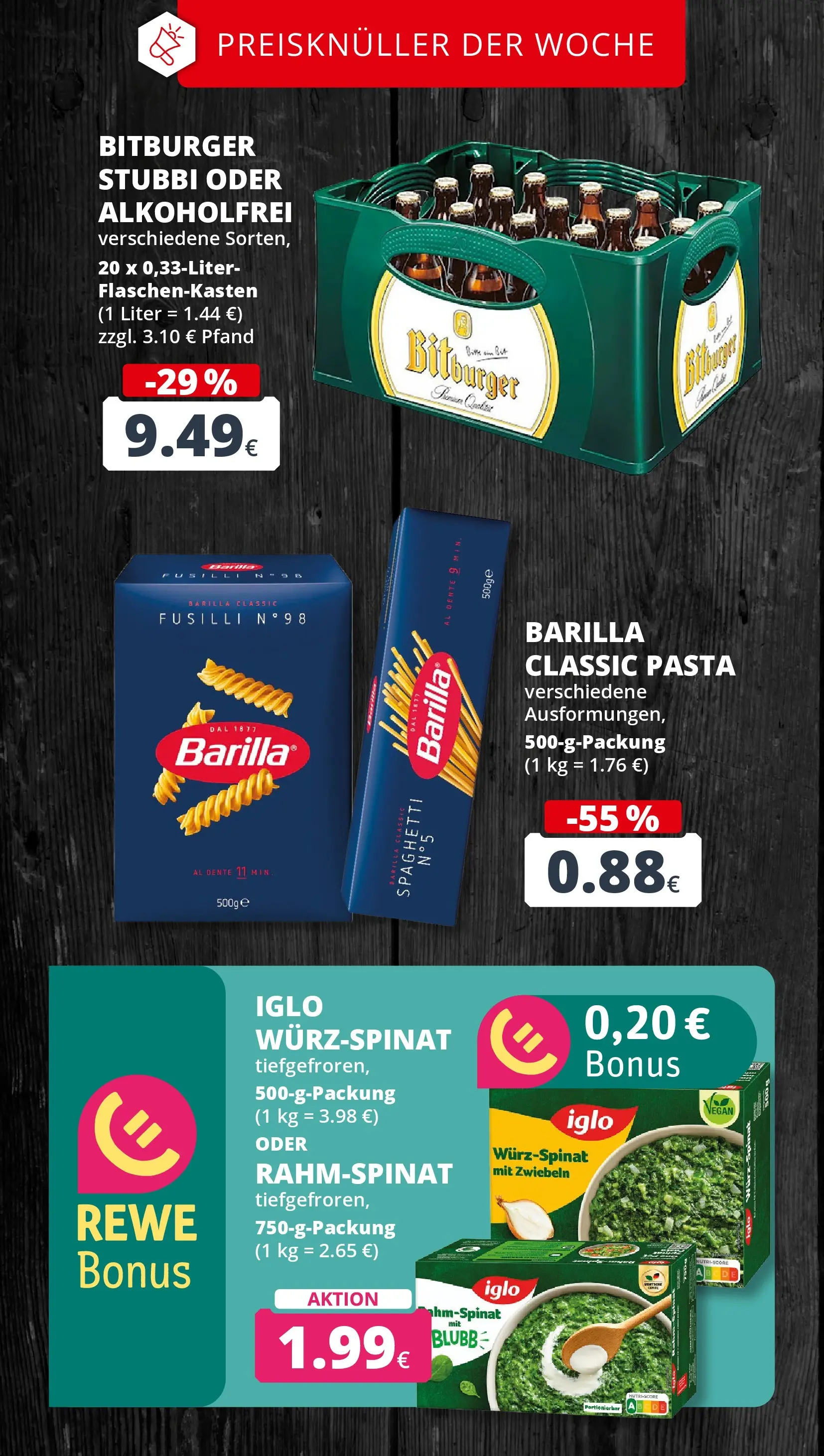 REWE Prospekt ab 02.03.2026 zum Blättern » Angebote | Seite: 3 | Produkte: Bitburger, Barilla, Iglo, Zwiebeln