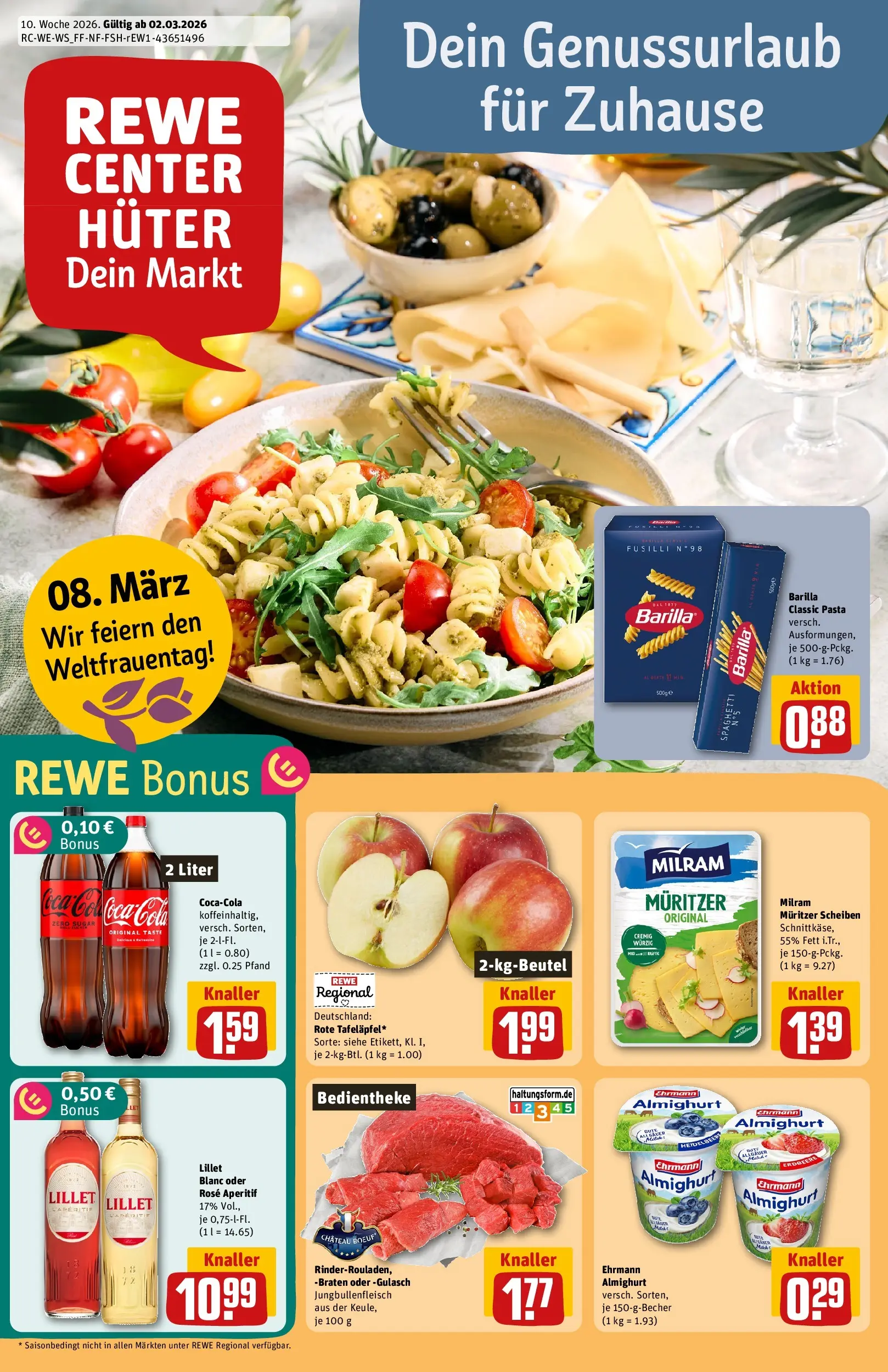 REWE Prospekt ab 02.03.2026 zum Blättern » Angebote | Seite: 1 | Produkte: Ehrmann almighurt, Lillet, Gulasch, Pasta