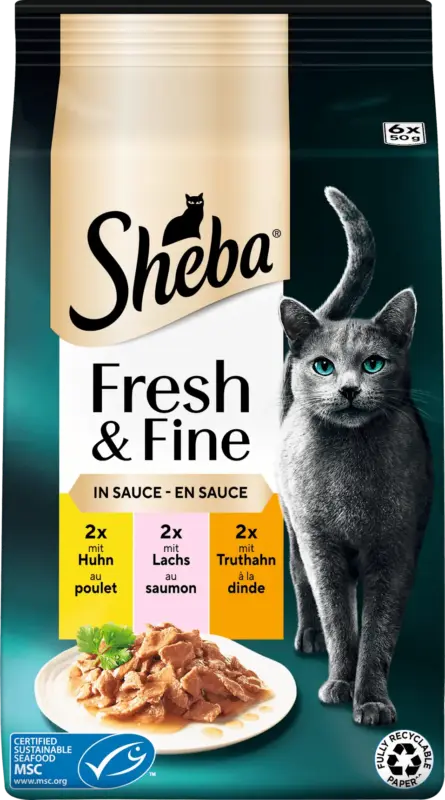 Sheba Nassfutter Katze Fresh & Fine Huhn, Lachs & Truthahn in Sauce