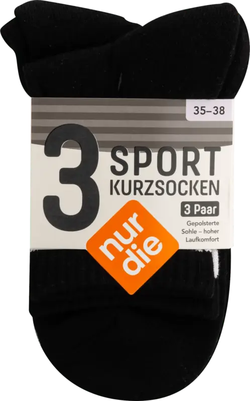 nur die Sport Kurzsocken schwarz, Gr. 35 - 38 (3 Paar)