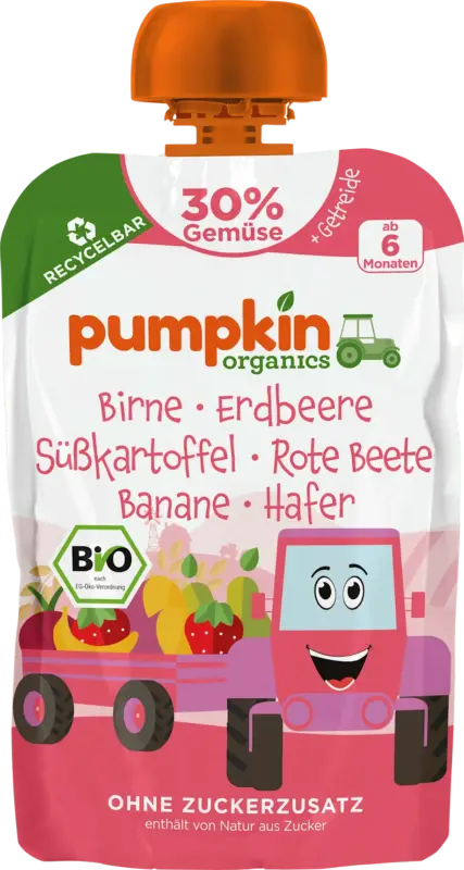 pumpkin organics Quetschie Birne, Erdbeere, S&uuml;&szlig;kartoffel, Rote Beete, Banane & Hafer ab 6 Monaten