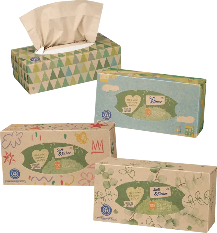 Soft&Sicher Taschent&uuml;cher Box Recycling 4-lagig, sortiert