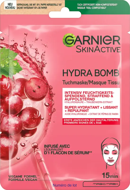 Garnier Skin Active Tuchmaske Hydra Bomb Hyalurons&auml;ure + Traubenkern-Extrakt
