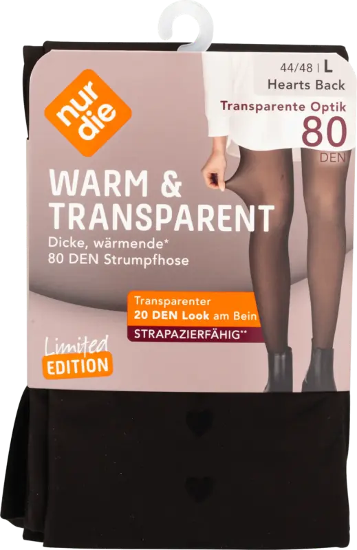 nur die Strumpfhose Warm & Transparent Strapazierf&auml;hig schwarz mit Herz, Gr. 44-48