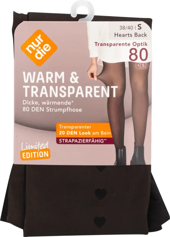 nur die Strumpfhose Warm & Transparent Strapazierf&auml;hig schwarz mit Herz, Gr. 38-40