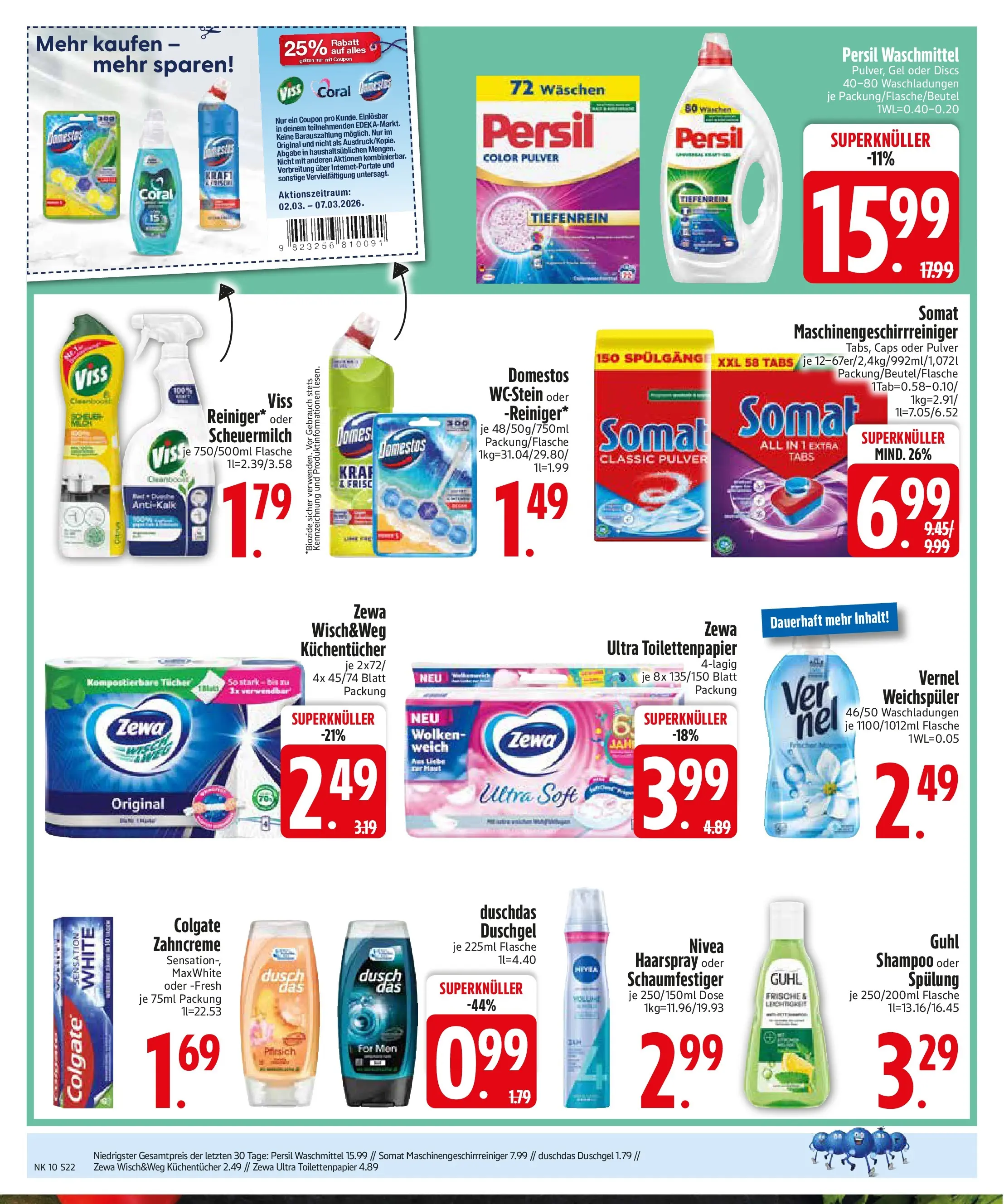 E center Prospekt Vilsbiburg (ab 02.03.2026) zum Blättern | Seite: 22 | Produkte: Duschgel, Waschmittel, Vernel, Toilettenpapier