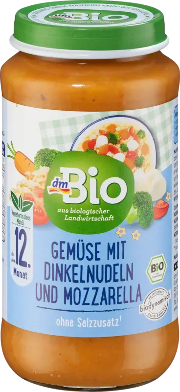 dmBio Vegetarisches Babymen&uuml; Gem&uuml;se mit Dinkelnudeln und Mozzarella