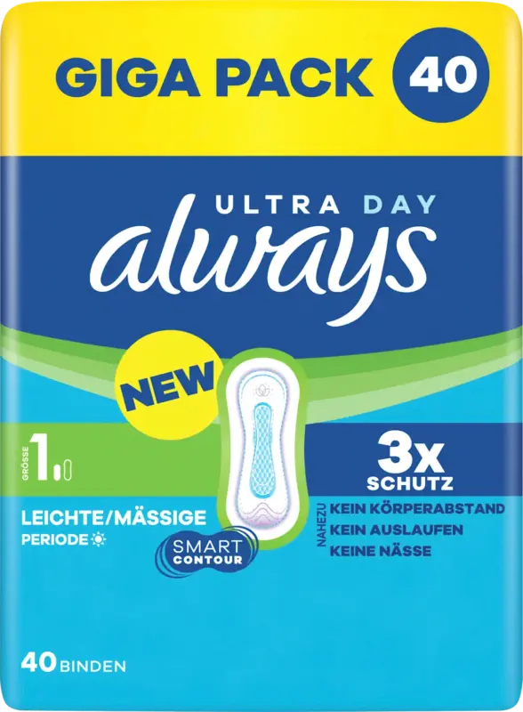 always Binden Ultra Normal 1 ohne Fl&uuml;gel Leichte bis m&auml;&szlig;ige Periode Giga Pack