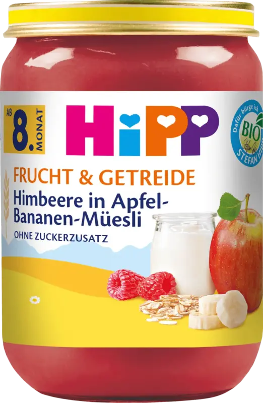 HiPP Frucht & Getreide M&uuml;sli Himbeere in Apfel und Banane ab dem 8. Monat