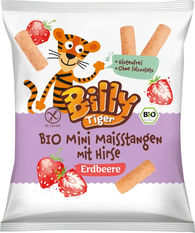 Billy Tiger Knabbergeb&auml;ck Mini Stangen mit Hirse und Erdbeergeschmack