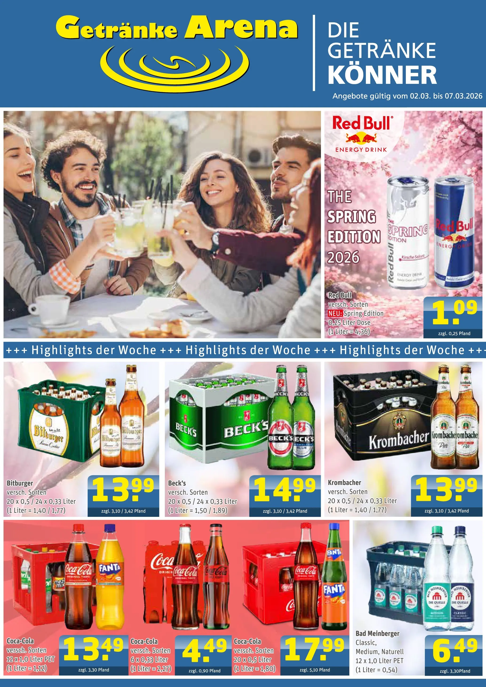 Angebote - Getränke Arena: Getränkeangebote (ab 01.03.2026) zum Blättern | Seite: 1 | Produkte: Bitburger, Red bull, Energy, Krombacher