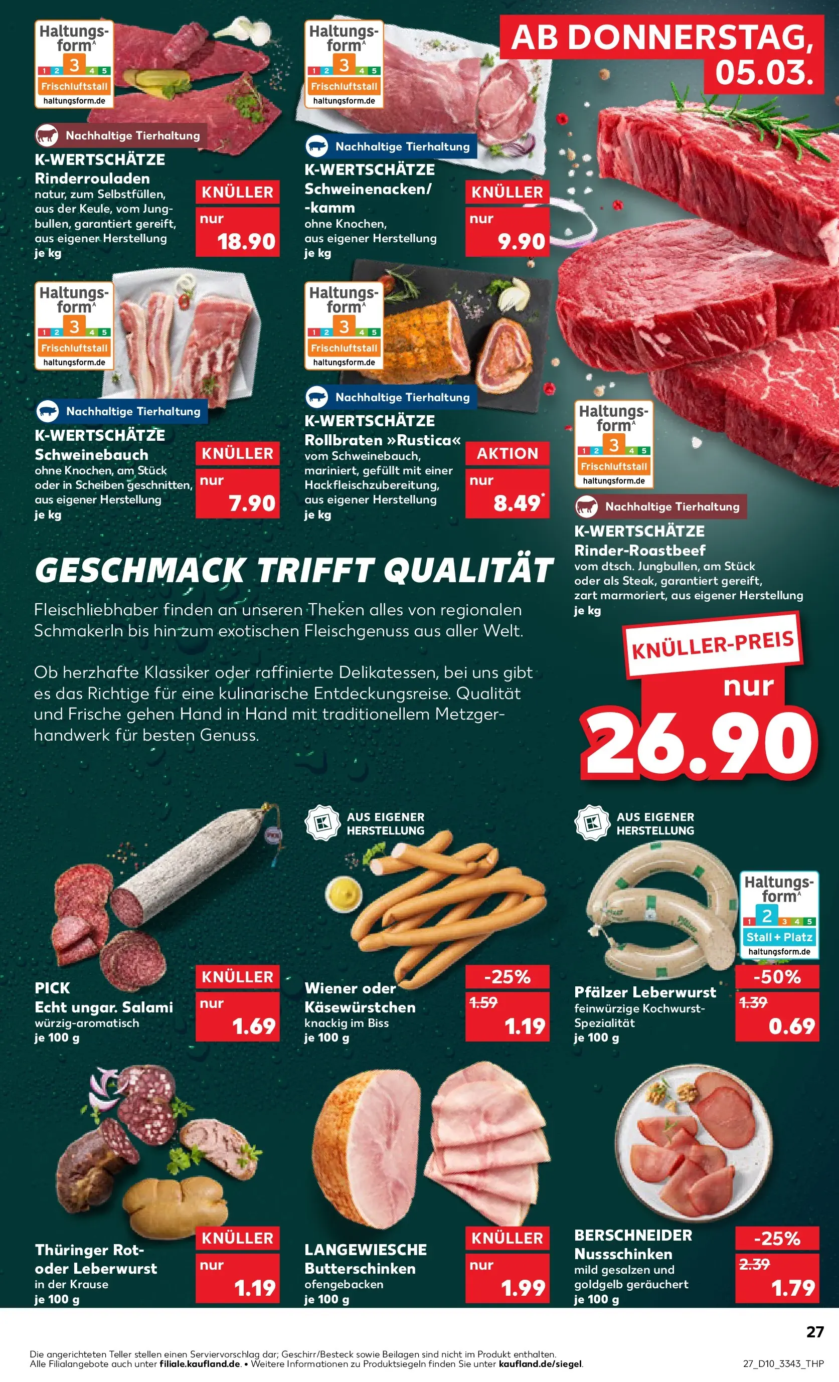Prospekt Kaufland ab 04.03.2026 » Angebote Online zum Blättern | Seite: 27 | Produkte: Rinderrouladen, Schweinebauch, Salami