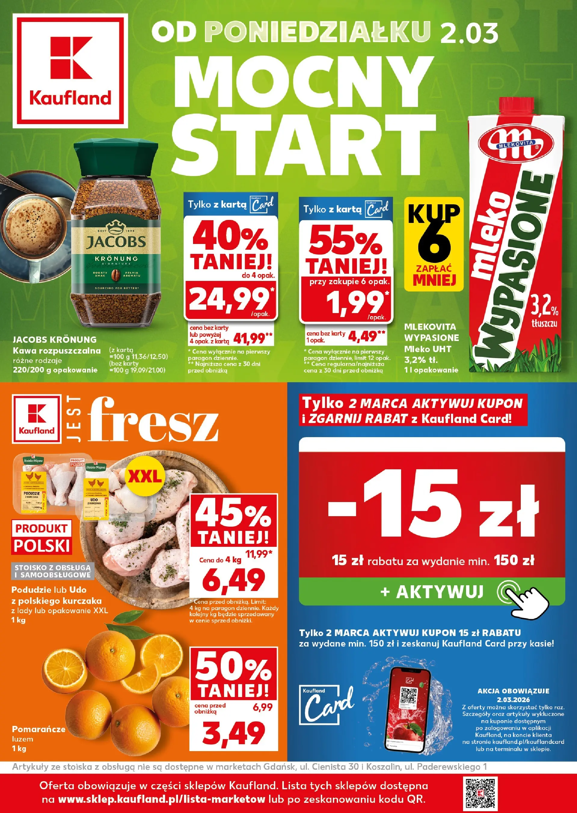 Kaufland gazetka - Mocny start od 02.03.2026 - od jutra PDF | Strona: 1 | Produkty: Karta, Kawa rozpuszczalna, Mleko, Kawa