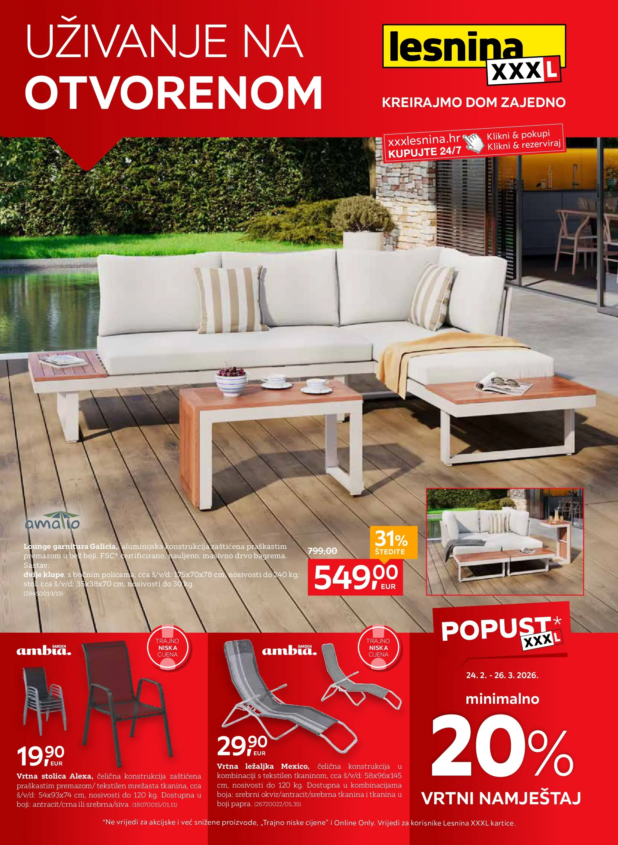 Lesnina - Lesnina XXXL: Uzivanje na otvorenom katalog do 26.03.2026 novi od 23.02.2026 na listanje > letak digitalni | Stranica: 1 | Proizvodi: Ležaljka, Stolica, Vrtni namještaj