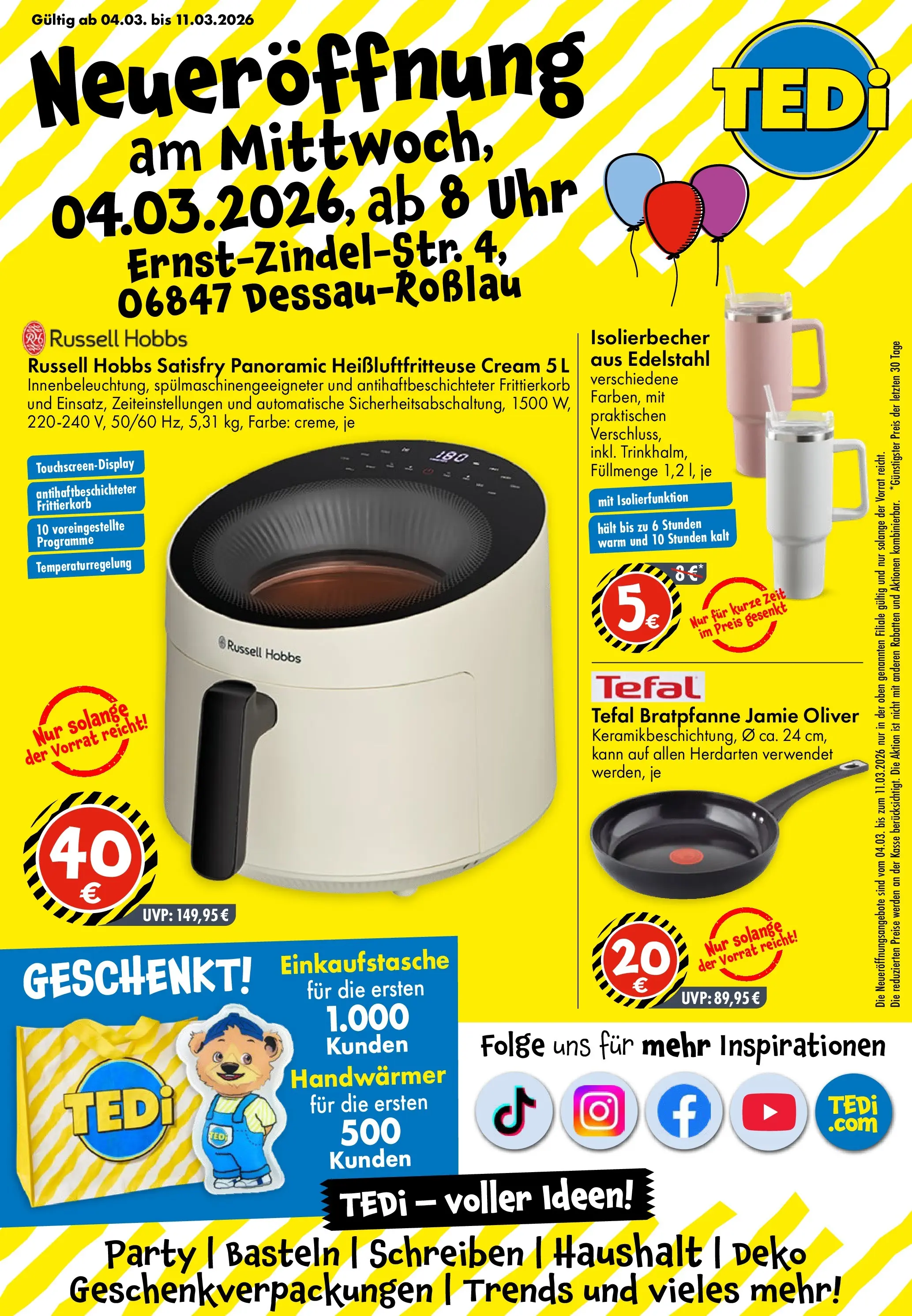 TEDi - TEDi Neueröffnung Dessau-Roßlau (ab 04.03.2026) zum Blättern | Seite: 1 | Produkte: Heißluftfritteuse, Uhr