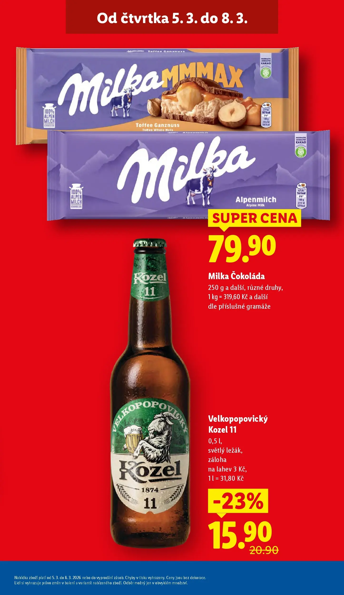 Lidl leták od 04.03.2026 - Nový akční leták | Strana: 5 | Produkty: Čokoláda, Milka, Velkopopovický Kozel, Láhev