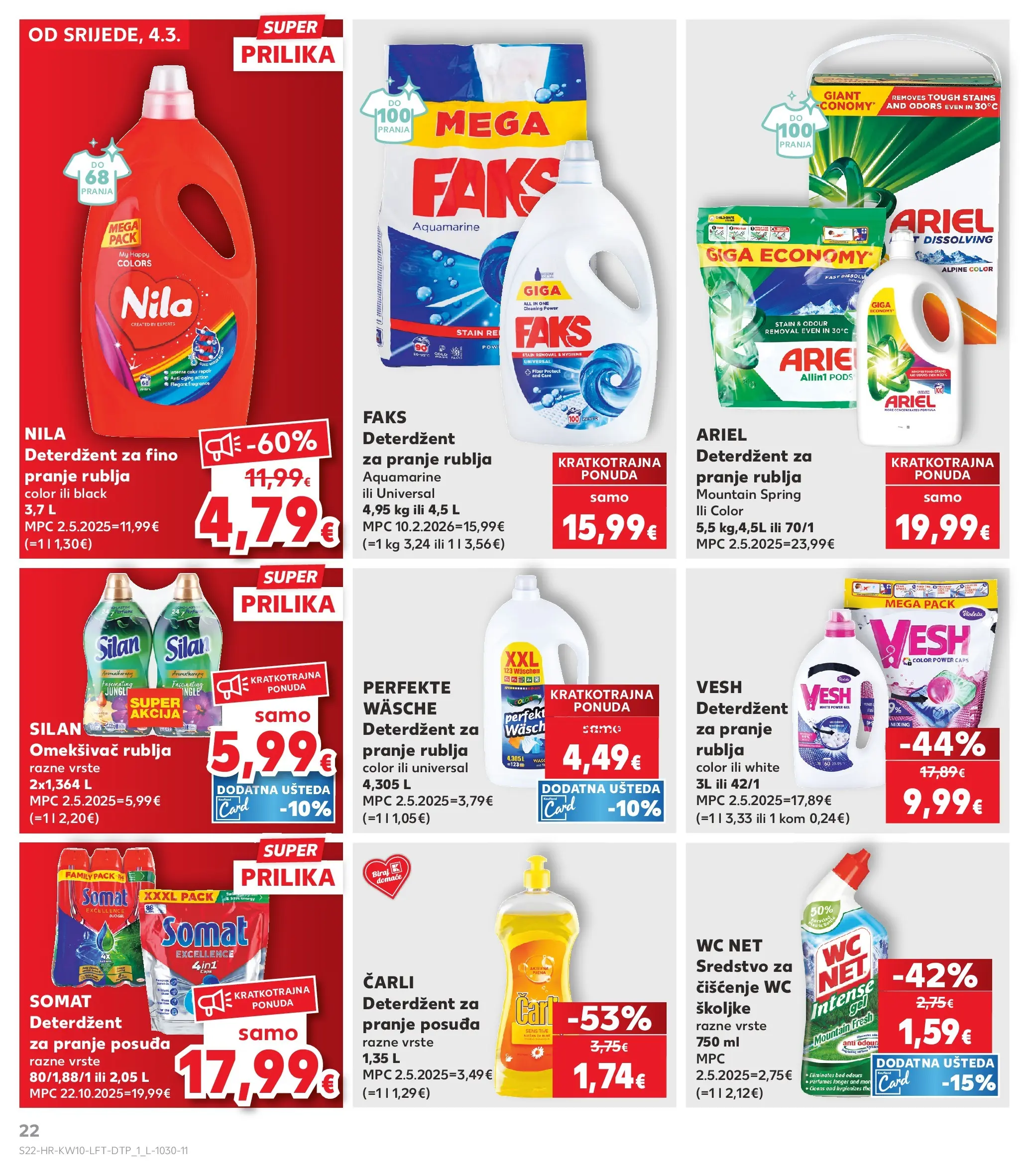 Kaufland - Kaufland katalog do 10.03.2026 novi od 03.03.2026 na listanje > letak digitalni | Stranica: 22 | Proizvodi: Deterdžent za pranje rublja, Somat, WC Net, Ariel