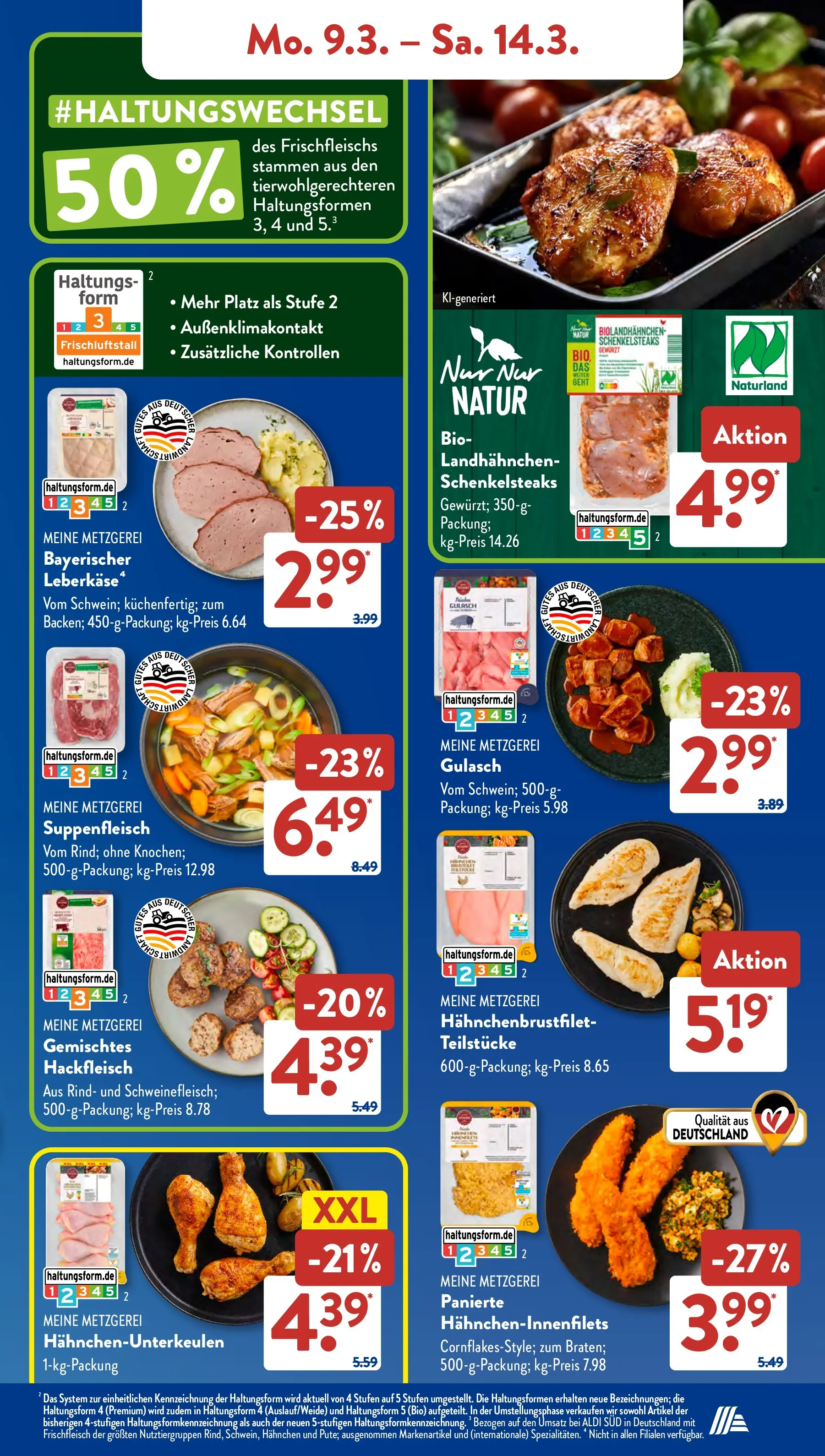 Aldi Süd Wochenangebote (ab 09.03.2026) zum Blättern | Seite: 5 | Produkte: Hahnchen, Suppenfleisch, Hackfleisch, Leberkase