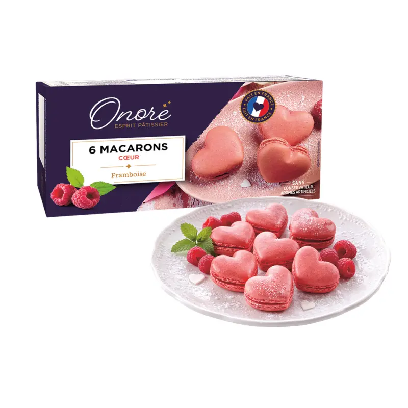 6 Himbeer-Macarons in Herzform, tiefgefroren