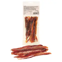 Snack aus Karausche (Carassius carassius) in Streifen, gesalzen und ged&ouml;rrt, aufgetaut, vakuumiert