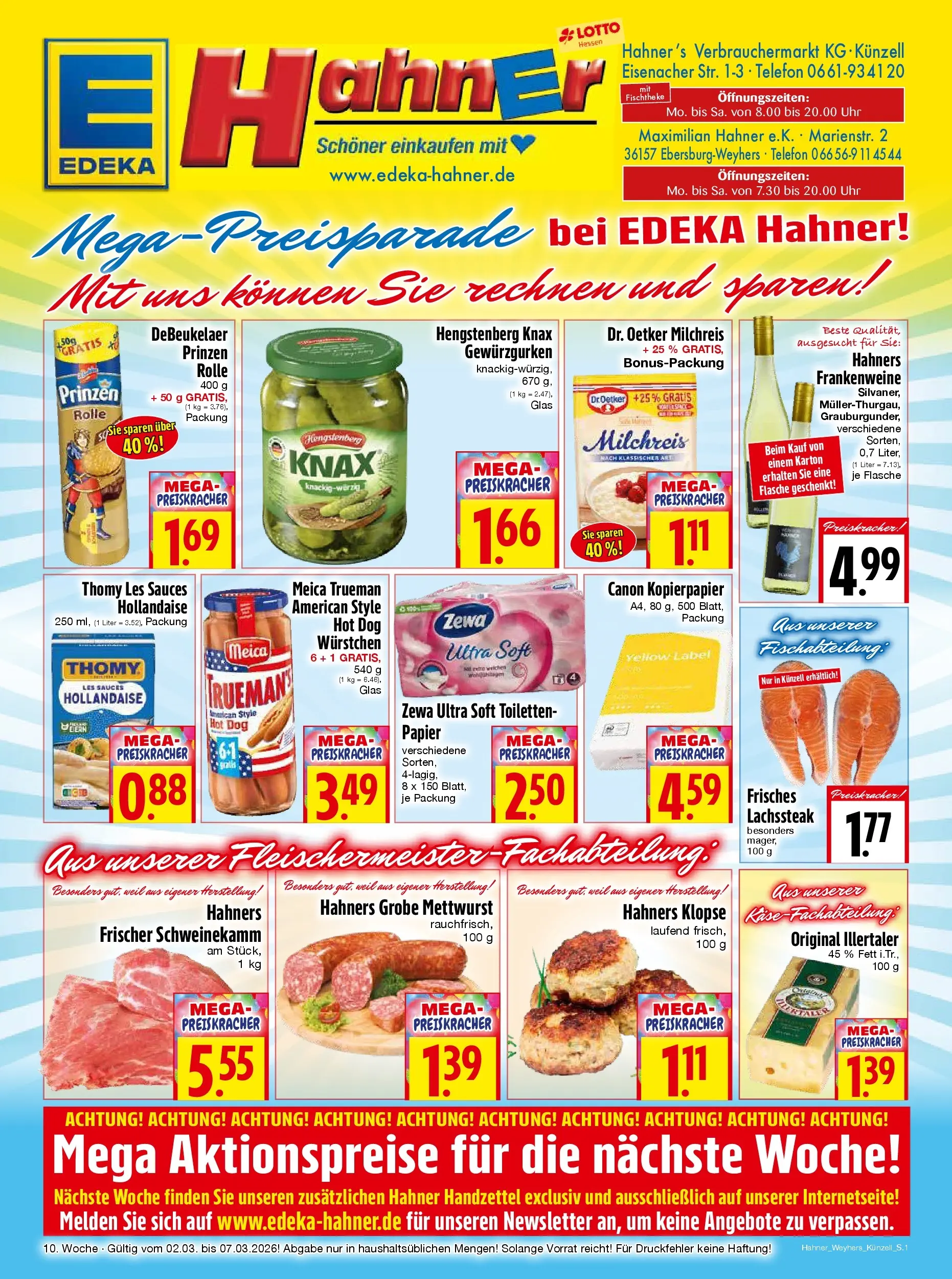 Angebote - Edeka Hahner: Wochenangebote (ab 01.03.2026) zum Blättern | Seite: 1 | Produkte: Thomy les sauces, Zewa, Telefon, Uhr