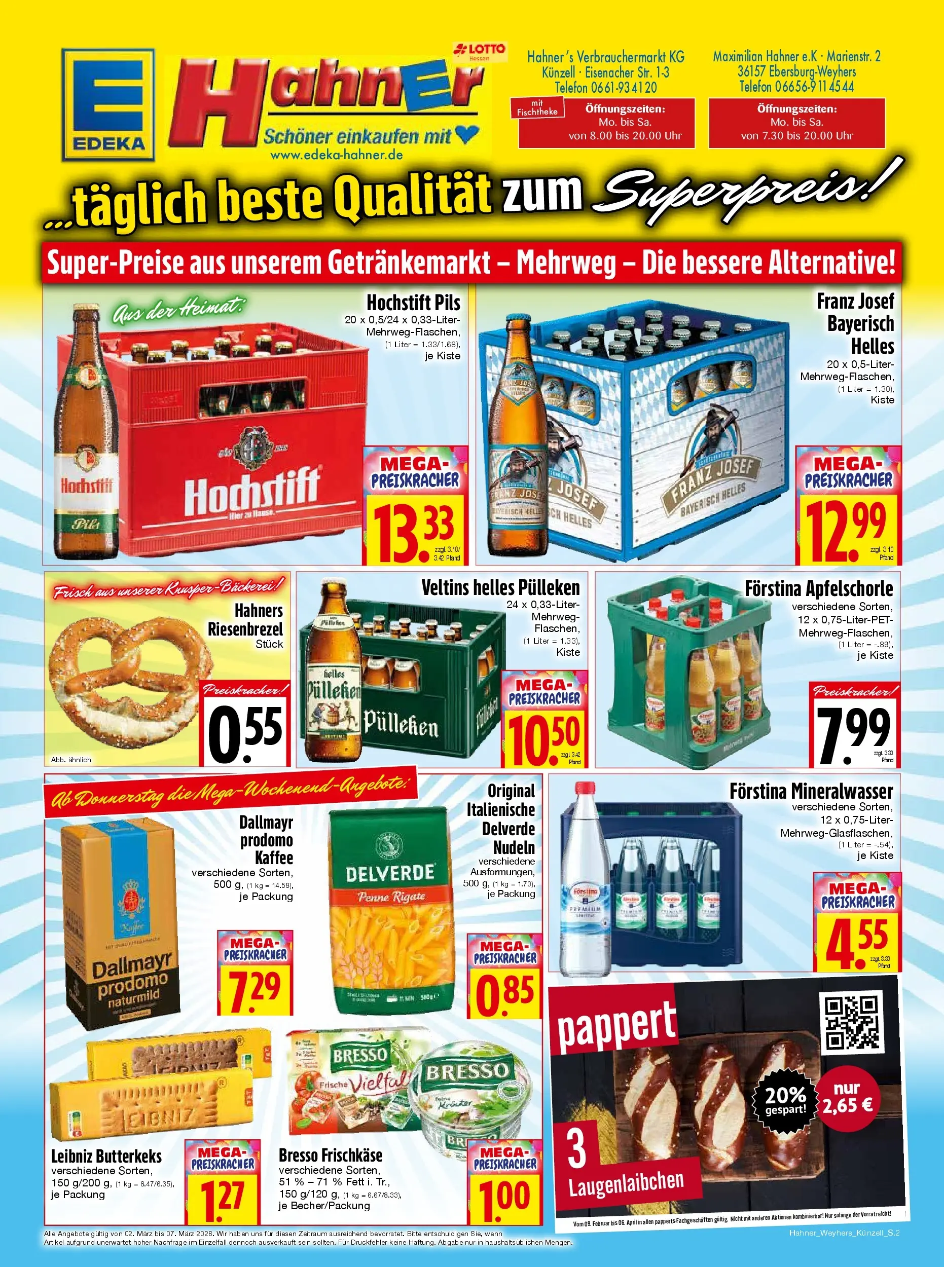 Angebote - Edeka Hahner: Wochenangebote (ab 01.03.2026) zum Blättern | Seite: 2 | Produkte: Helles pulleken, Kaffee, Nudeln, Uhr