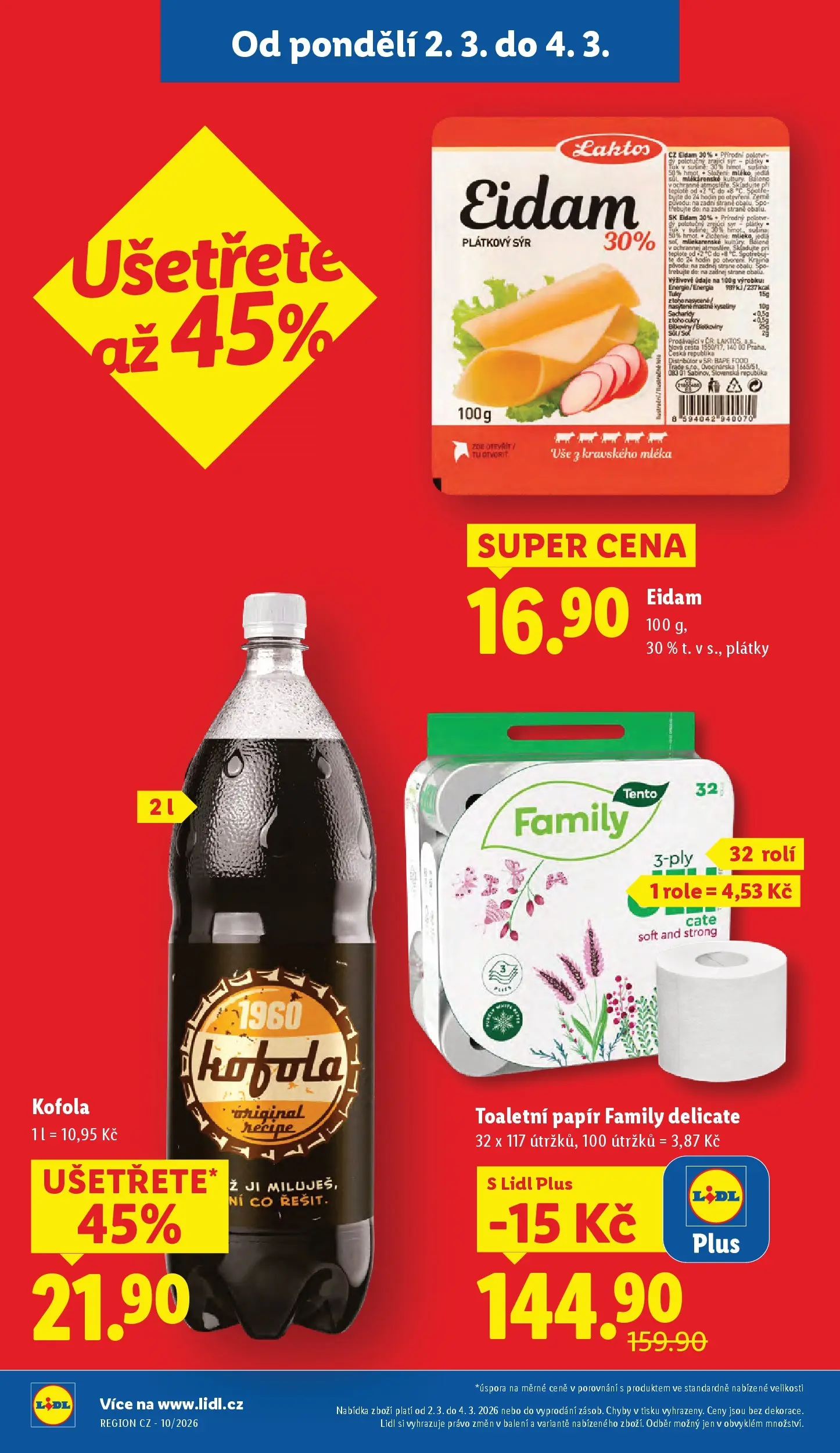 Lidl leták od 01.03.2026 - Nový akční leták | Strana: 2 | Produkty: Mléko, Plátkový sýr, Eidam, Kofola