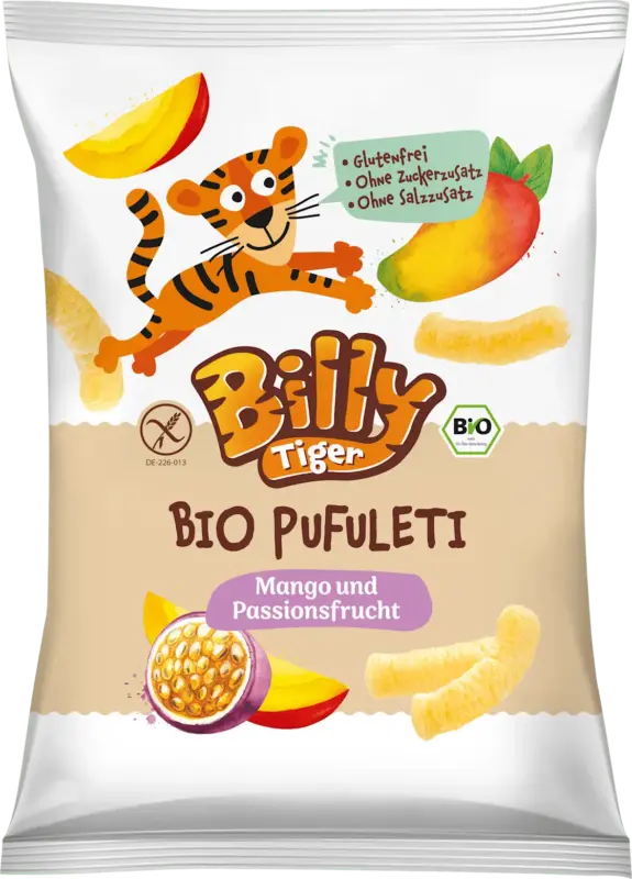 Billy Tiger Knabbergeb&auml;ck Pufuleti Mango Passionsfrucht ab 3 Jahren