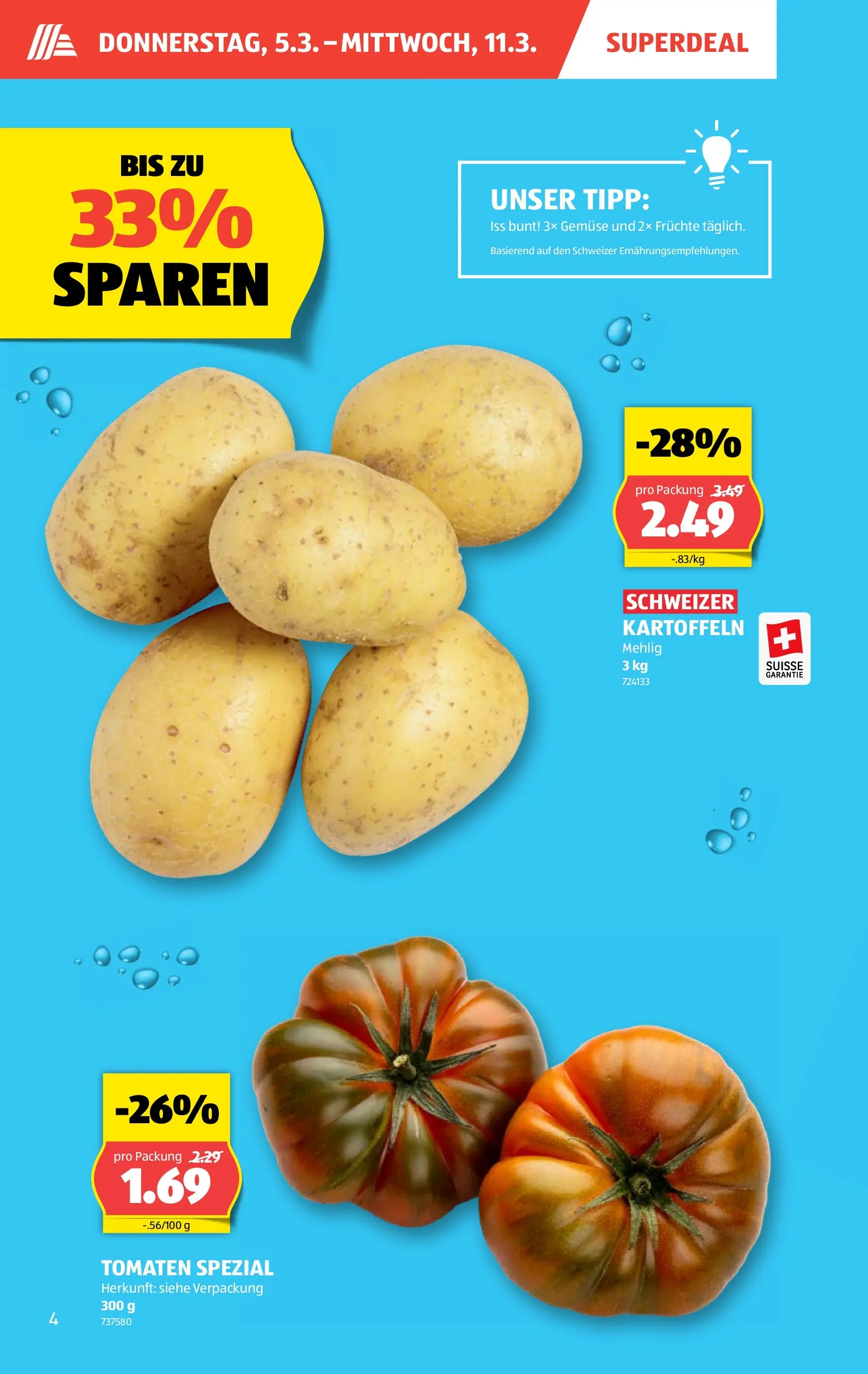Aldi Aktionen (03.03.2026 - 11.03.2026) - Prospekt | Seite: 4 | Produkte: Tomaten, Gemüse, Kartoffeln, Früchte
