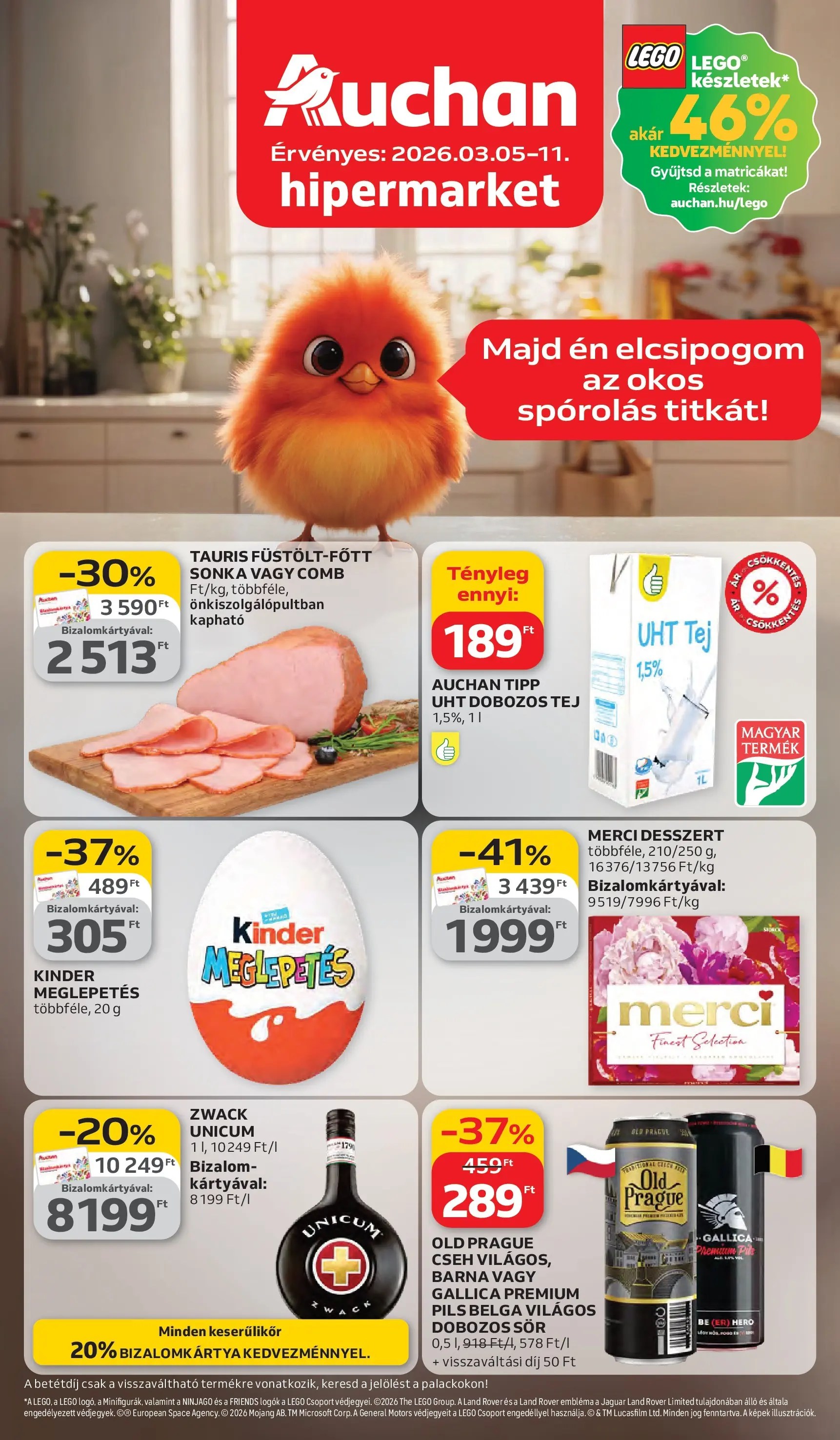 Auchan akciós újság Debrecen - 2026.03.05. -tól/töl > akció, lapozható szórólap 🛍️ | Oldal: 1 | Termékek: Sonka, Tej, Dobozos sör, Sör