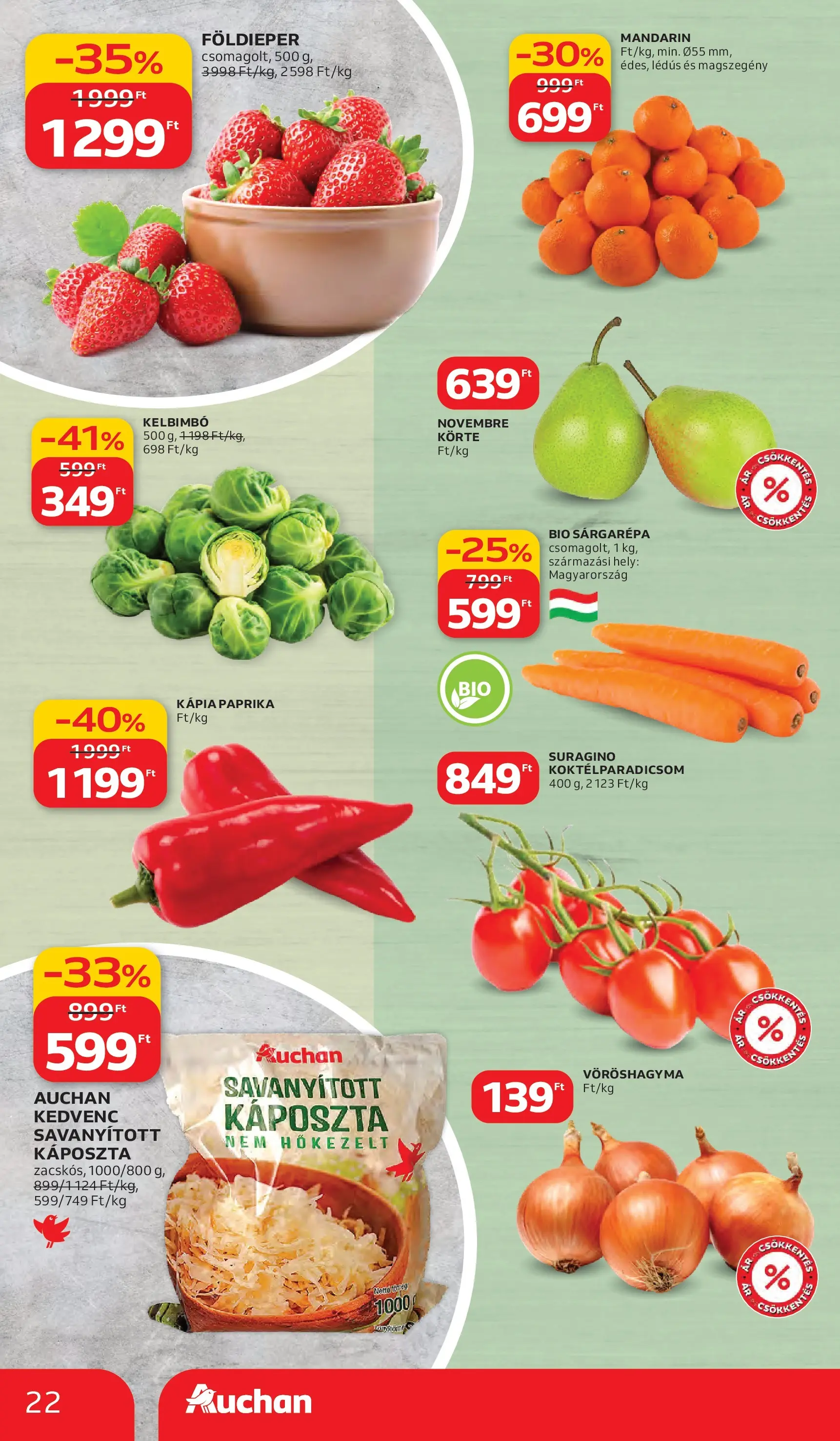 Auchan akciós újság Debrecen - 2026.03.05. -tól/töl > akció, lapozható szórólap 🛍️ | Oldal: 22 | Termékek: Káposzta, Mandarin, Kelbimbó, Kápia paprika