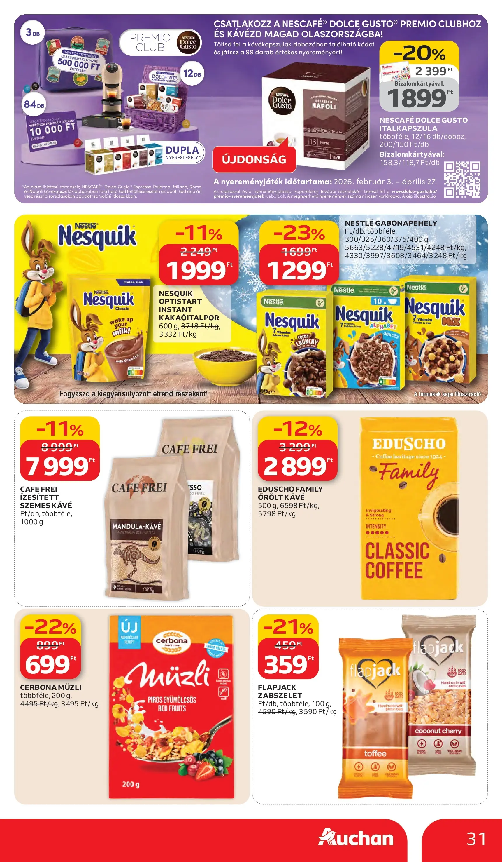 Auchan akciós újság Debrecen - 2026.03.05. -tól/töl > akció, lapozható szórólap 🛍️ | Oldal: 31 | Termékek: Gabonapehely, Nesquik, Kávé, Szemes kávé