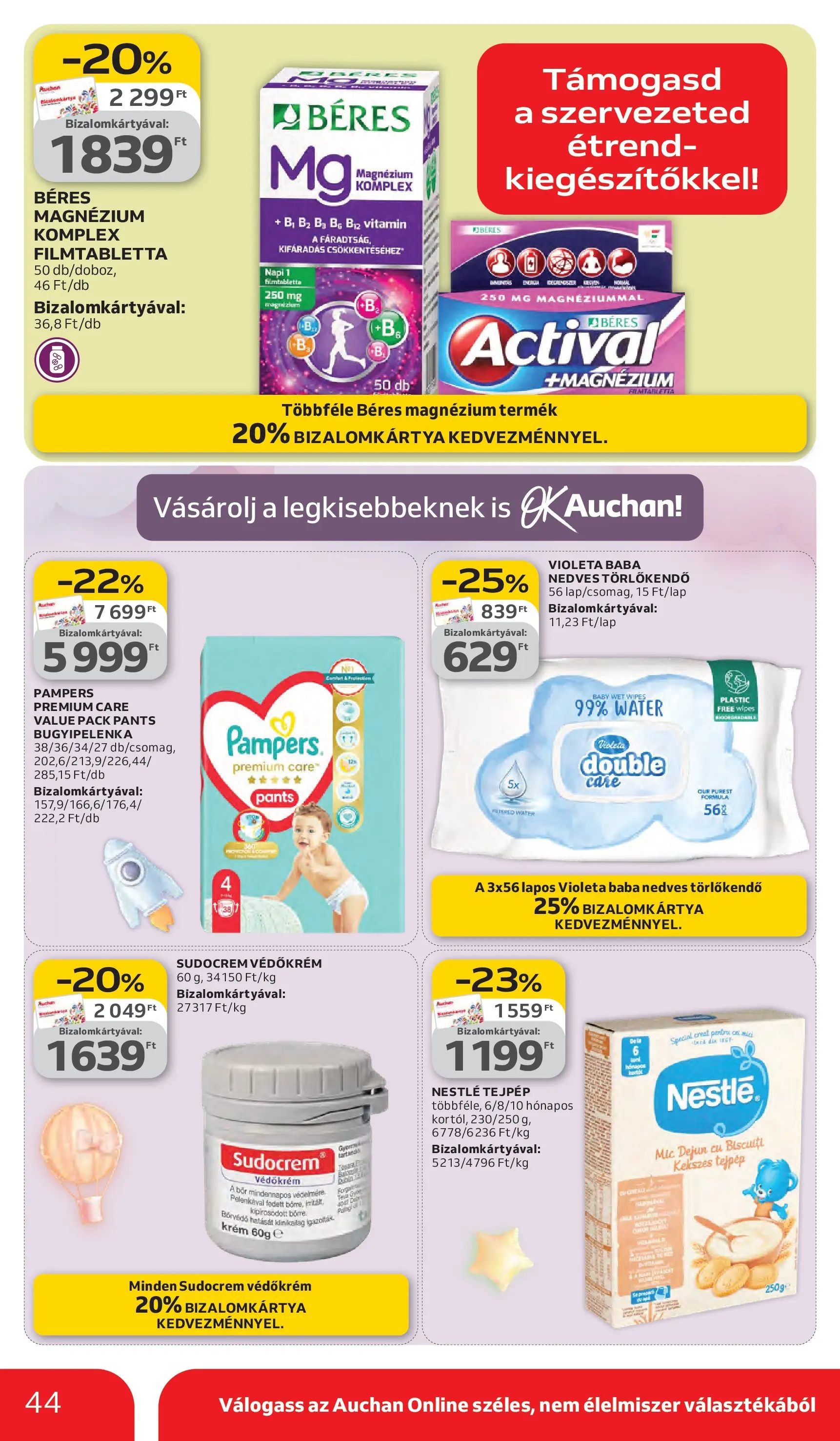 Auchan akciós újság Debrecen - 2026.03.05. -tól/töl > akció, lapozható szórólap 🛍️ | Oldal: 44 | Termékek: Pampers, Törlőkendő, Nedves törlőkendő, Bor