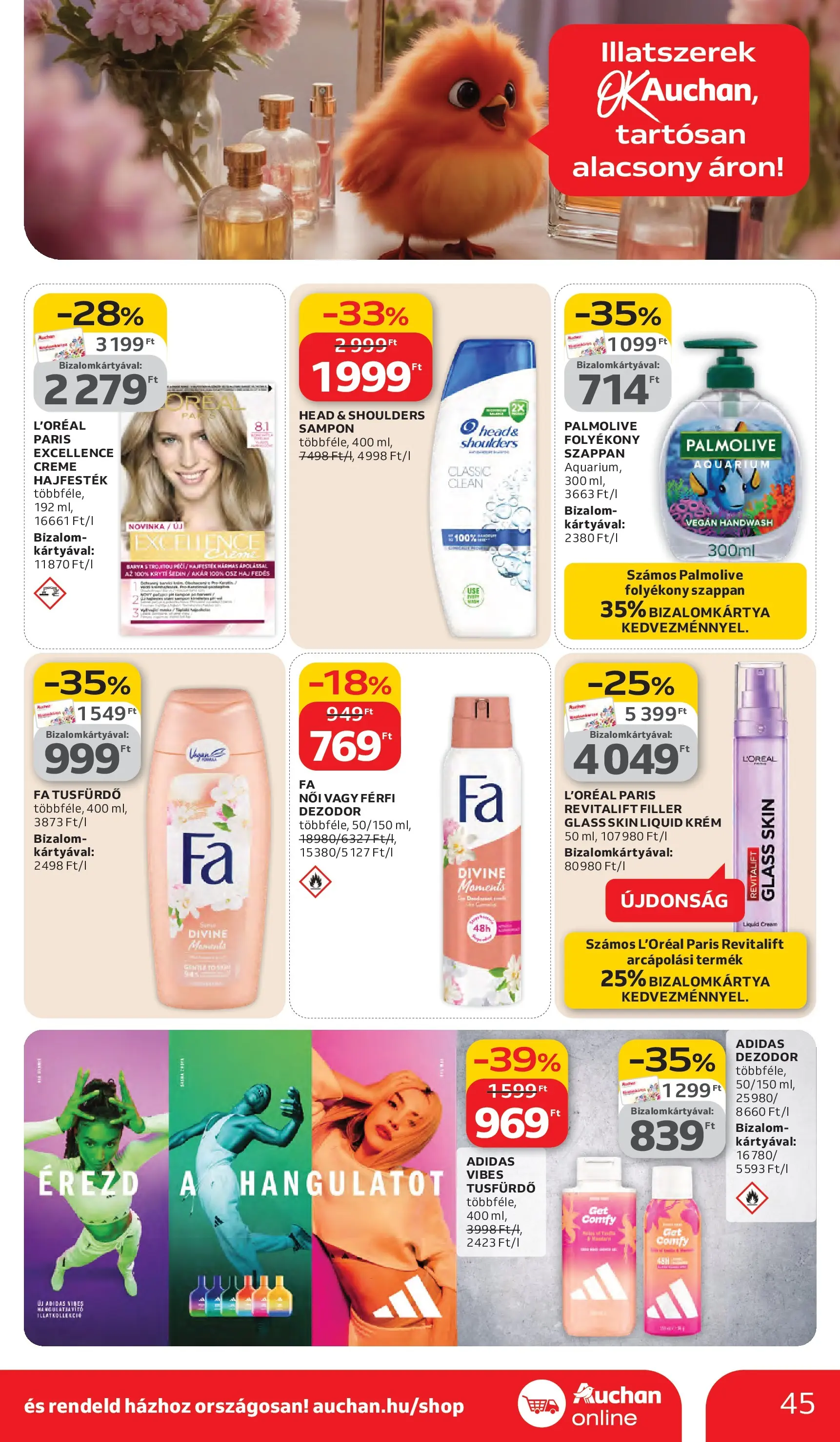 Auchan akciós újság Debrecen - 2026.03.05. -tól/töl > akció, lapozható szórólap 🛍️ | Oldal: 45 | Termékek: Hajfesték, Sampon, Tusfürdő, Dezodor